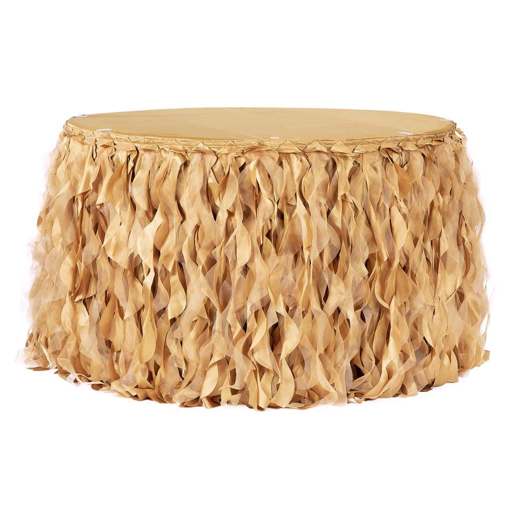 21Ft Gold Curly Willow Table Skirt - Elegant Wedding Decor, Quinceanera Party Supplies, Birthday Celebration Backdrop - Perfect for Banquet Halls, Reception Tables & Special Events