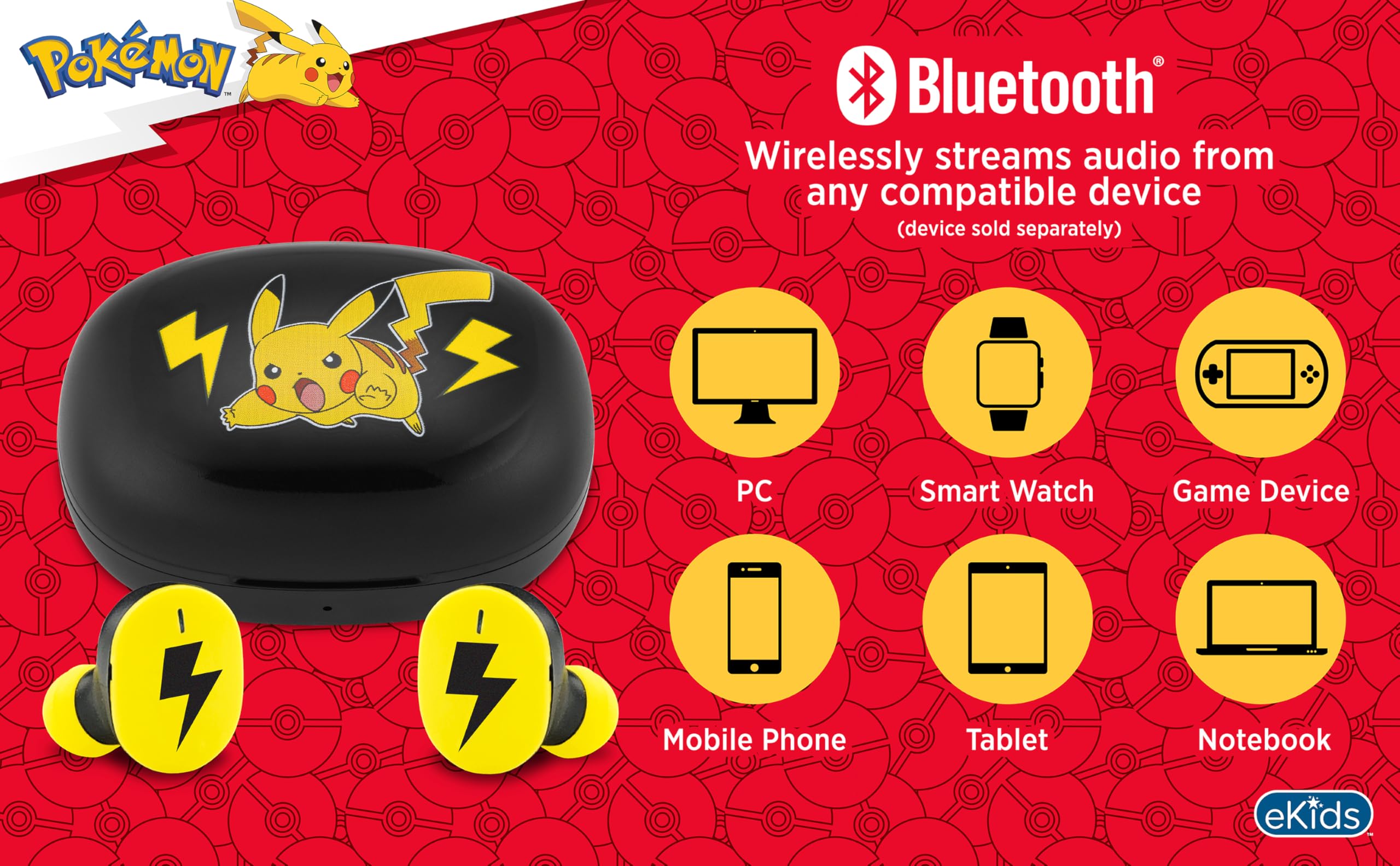 eKids Wireless Bluetooth Earbuds with Microphone & Charging Case - Noise Cancelling Headphones for School, Home, Travel & Gaming (Pokemon Edition) | Perfect for Online Classes, Workouts & Commuting