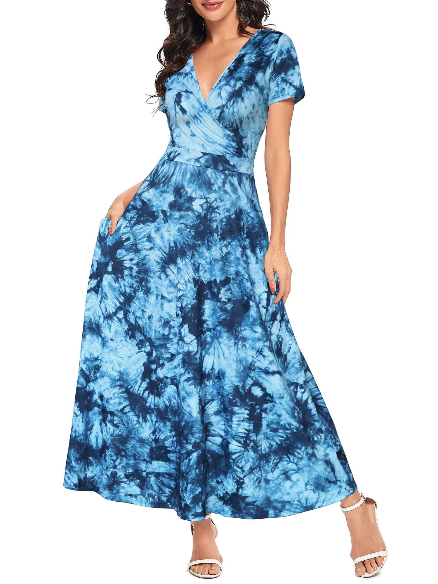 HUHOT Women's Summer Floral Wrap Dress with Pockets - V Neck Short Sleeve Maxi Sundress for Wedding Guest, Beach Vacation, and Casual Outings
