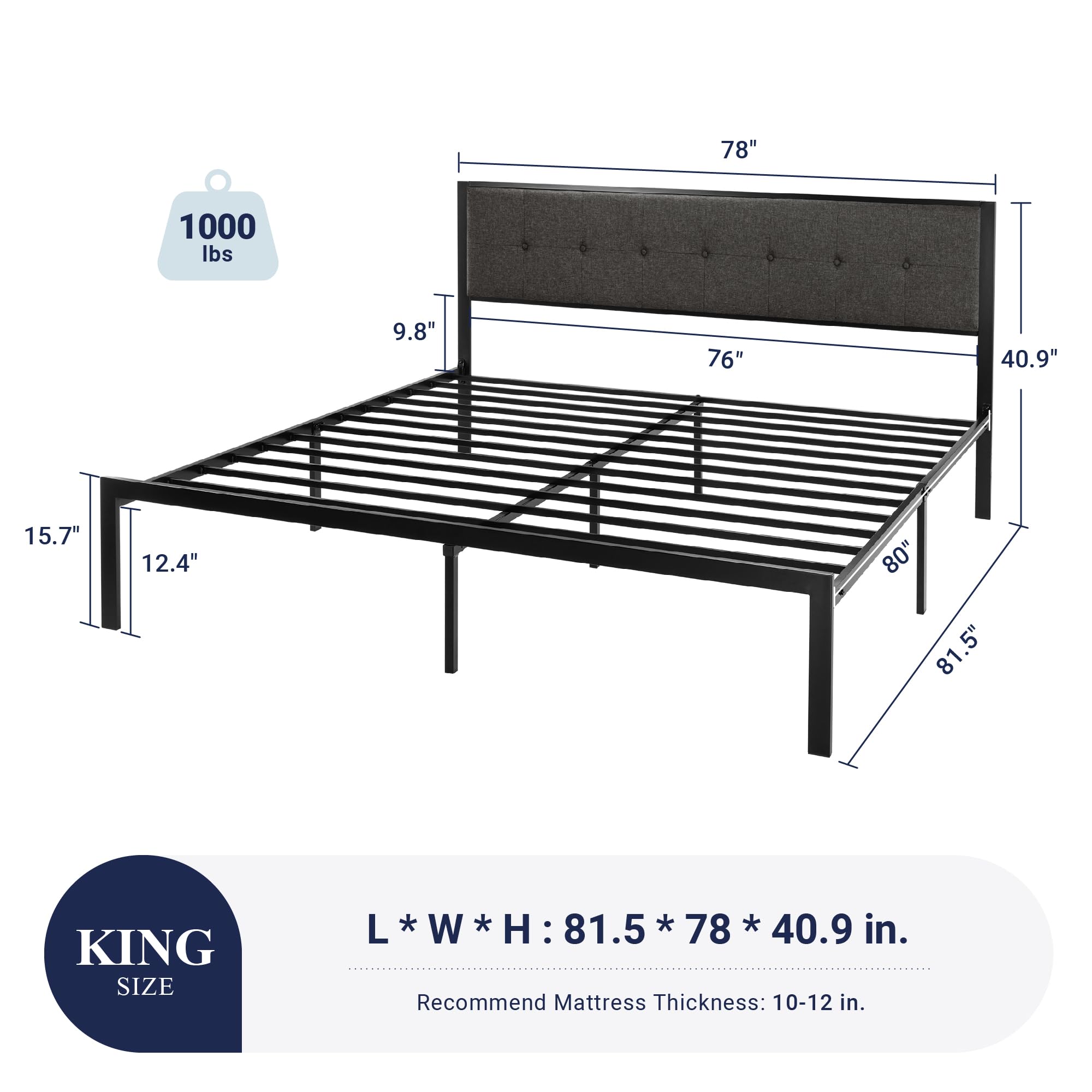 Allewie King Size Upholstered Platform Bed Frame with Button Tufted Headboard - 12.4