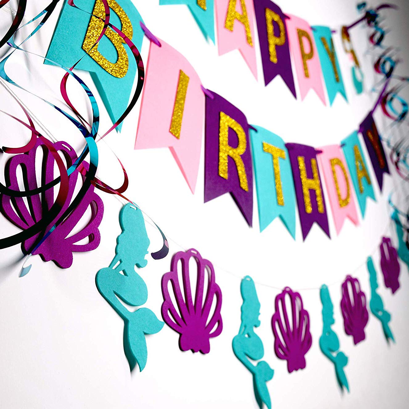 Mermaid Birthday Party Decorations Kit - Seashell Banner, Balloons, Paper Pompom Flowers & Hanging Swirls - Happy Birthday Banner for Girls & Women - Perfect for Underwater Themed Parties, Baby Showers & Princess Celebrations