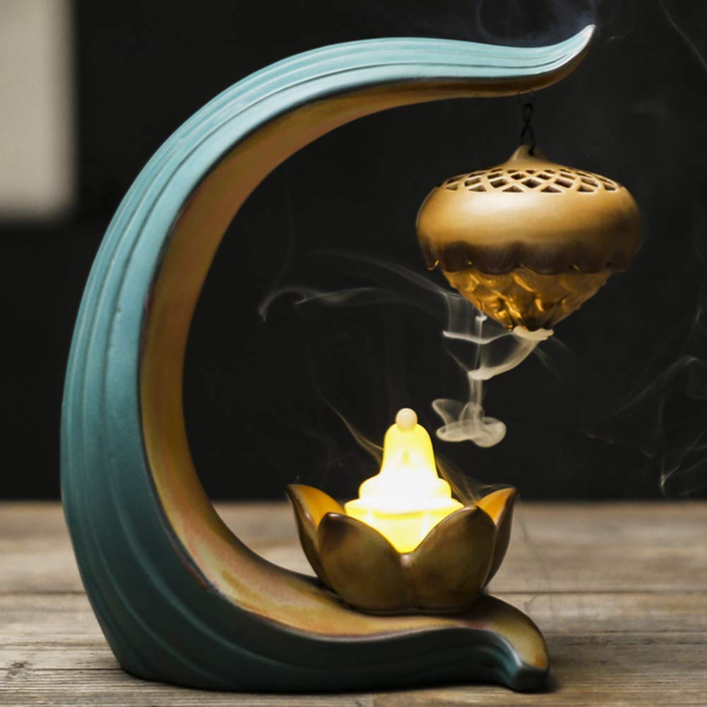 Ceramic Buddha Backflow Incense Holder with LED Night Light & Lotus Pendant - Aromatherapy Diffuser for Meditation, Yoga, Home Decor and Spiritual Relaxation