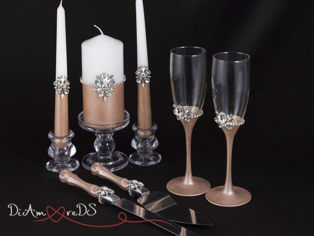 Rose Gold Wedding Set - Silver Crystal Champagne Flutes - Unity Candle Set - Cake Server & Knife (7-Piece Bridal Collection) for Wedding Ceremony, Reception & Anniversary Celebrations