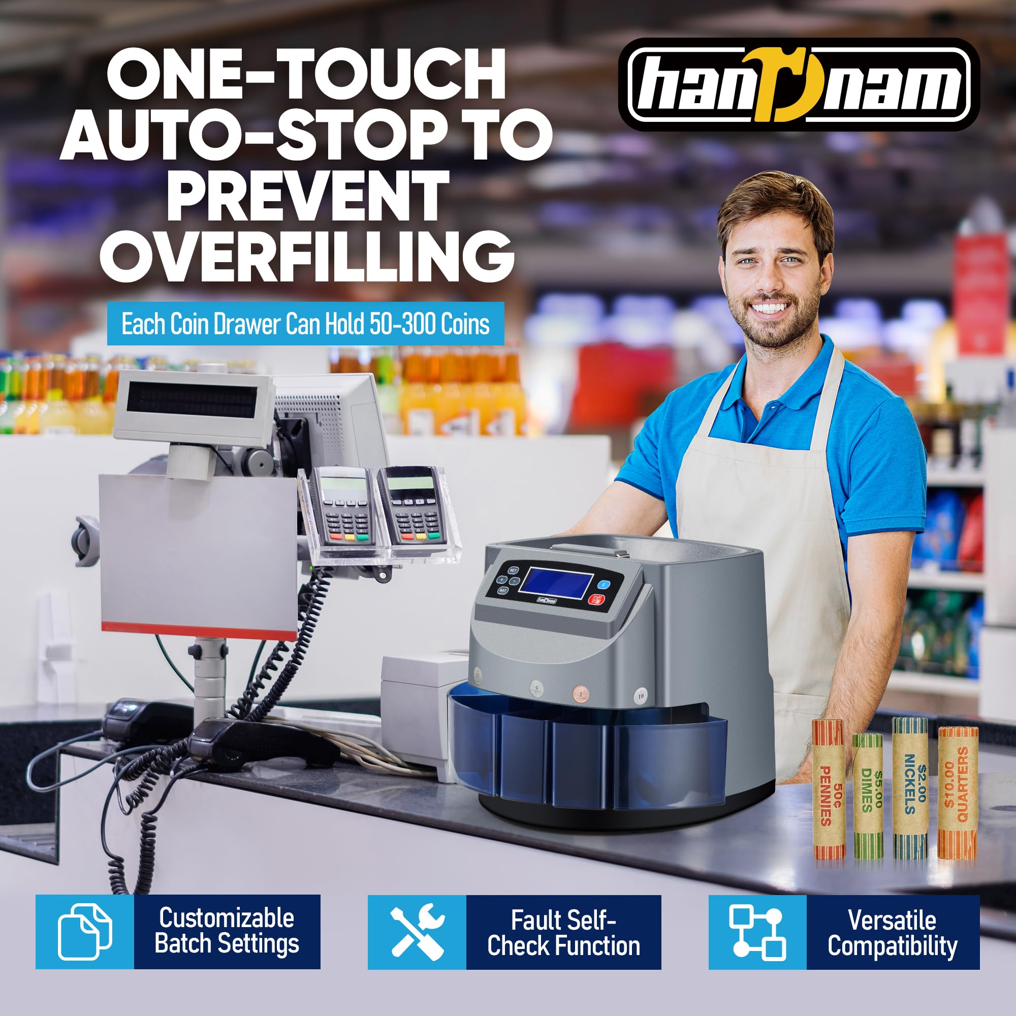 Electric Coin Sorter & Wrapper Machine - 500 Coins Capacity, 270 Coins/Min Counting Speed, LCD Display | Automatic USD Change Counter for Banks, Retail Stores & Home Use