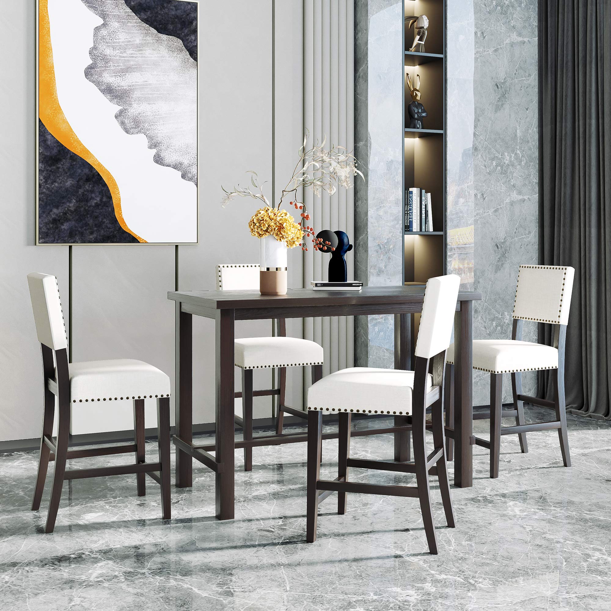 LZ LEISURE ZONE 5-Piece Counter Height Dining Set - Wood Kitchen Table & Chairs for 4 - Espresso & Beige Modern Dining Room Furniture - Perfect for Small Spaces, Apartments, Restaurants & Breakfast Nooks