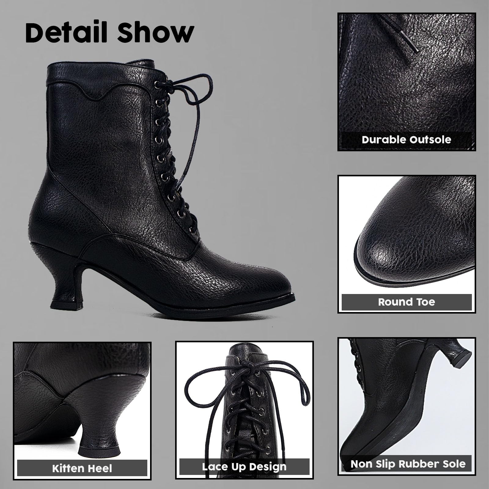 Victorian Style Women's Ankle Boots - Mid Calf Round Toe Black Chunky Heel Lace Up Witch & Knight Boots for Gothic Fashion, Cosplay & Everyday Wear