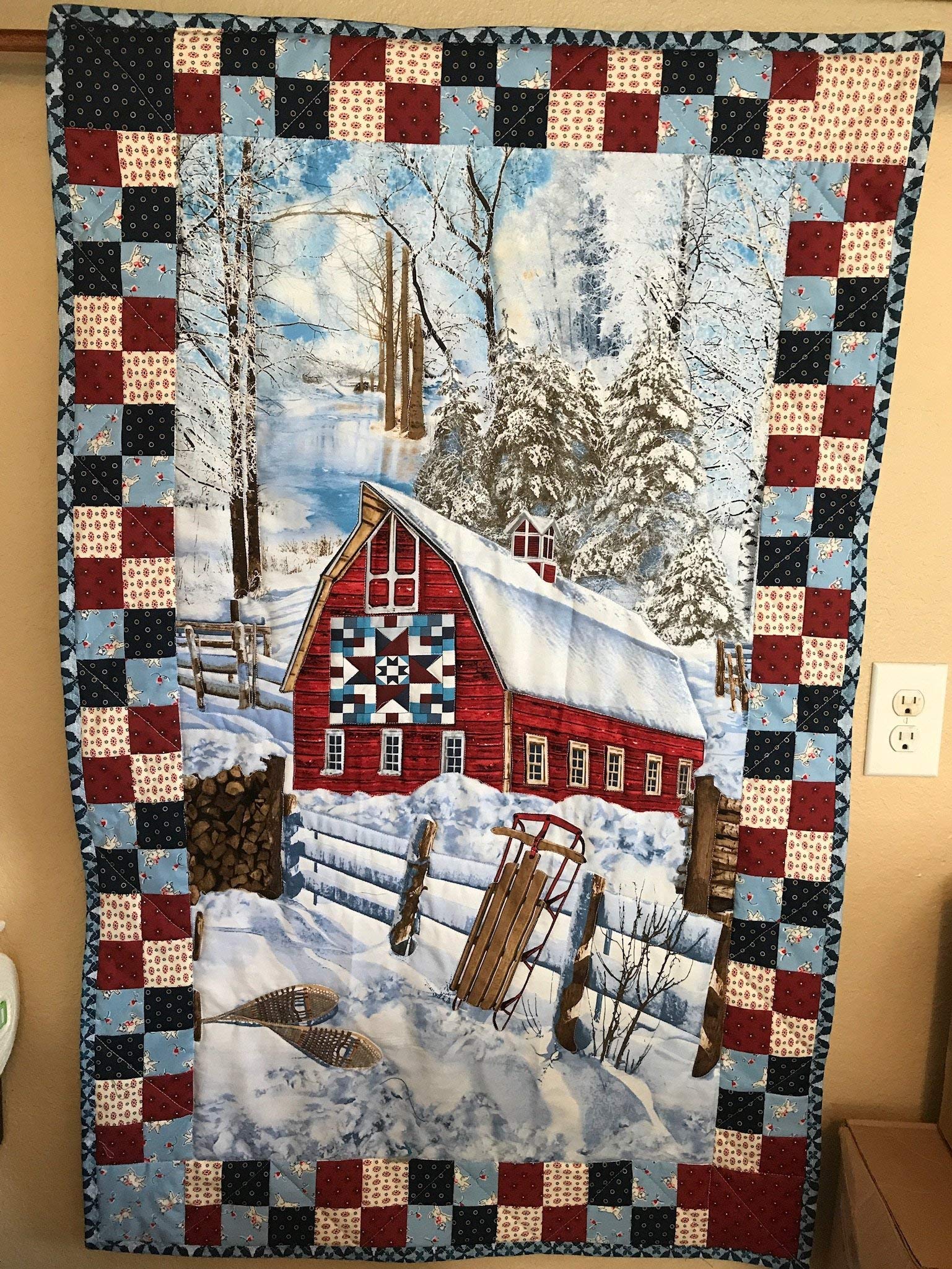 Red Barn Wall Quilt - Farmhouse Style Cotton Fabric Wall Hanging Decor for Living Room, Bedroom, or Country Home