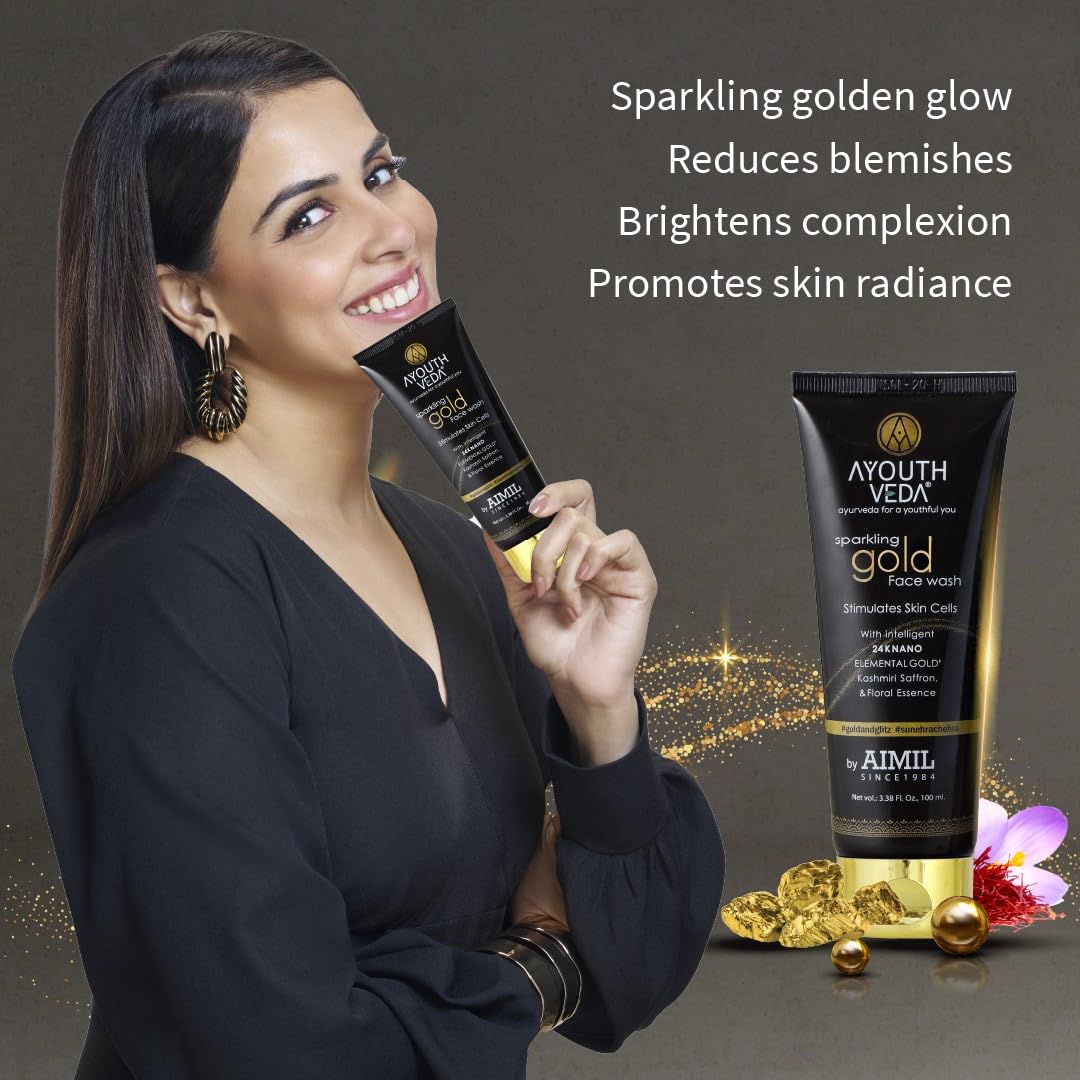 Ayouthveda Sparkling 24K Gold & Saffron Face Wash 100ml - Brightening Cleanser for Glowing Skin | Men & Women | Normal & Dry Skin | Perfect for Daily Skincare Routine & Special Occasion Prep (Pack of 1)