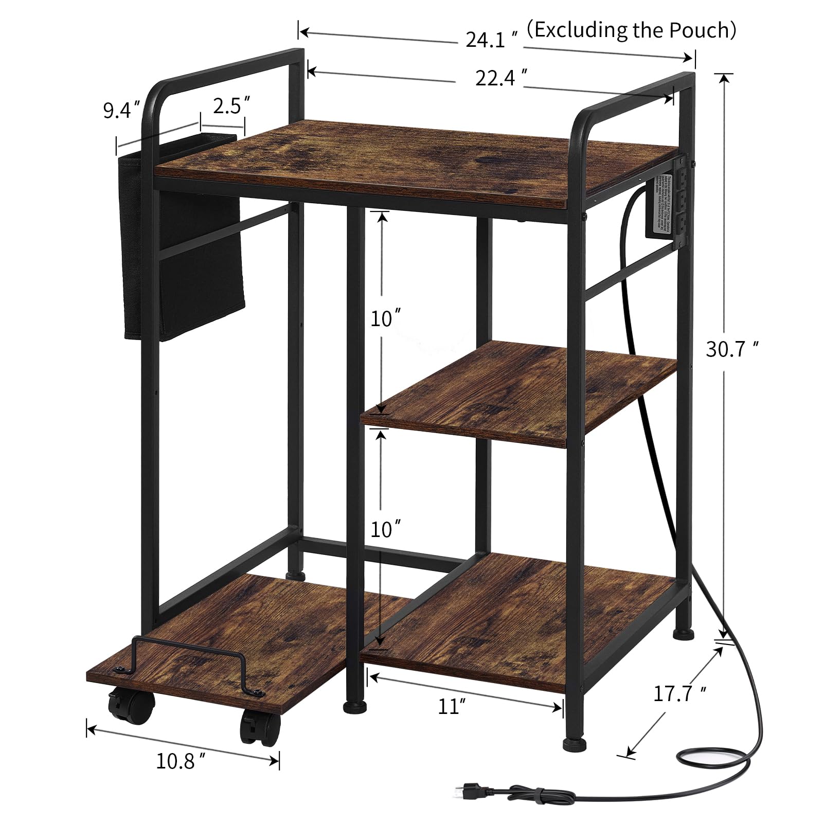 24x18 Inches Home Printer Stand with Charging Station - Large Printer & Shredder Stand with Storage Shelf - Rustic Brown Office Desk Organizer for Fax Machine, PC Tower - Perfect for Home Office Workspace