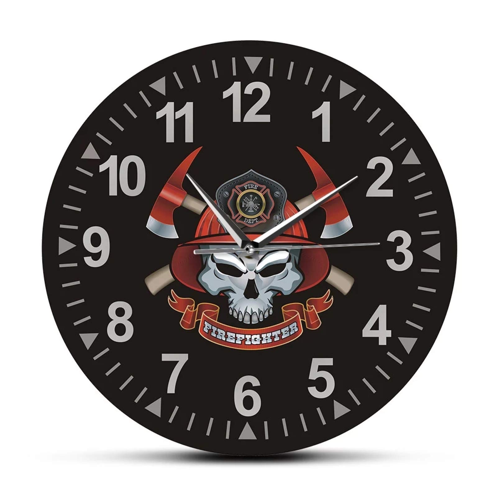 Firefighter Skull Wall Clock with Crossed Axes - Silent Non-Ticking Fire Department Decor - Maltese Cross Firemen Theme for Home, Office & Fire Station Gifts