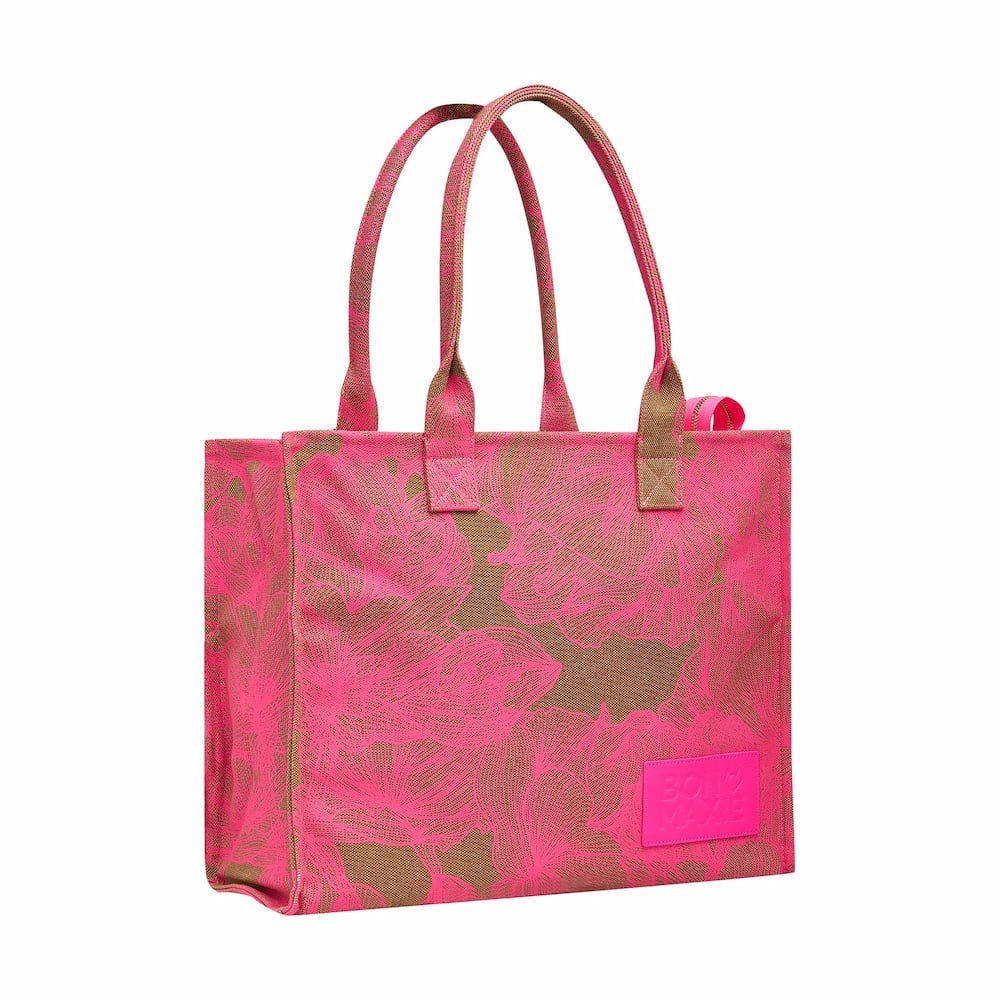 Large Bon Vivant Tote Bag - Stylish Neon Pink & Tan Floral Print - Perfect for Beach, Shopping & Everyday Use