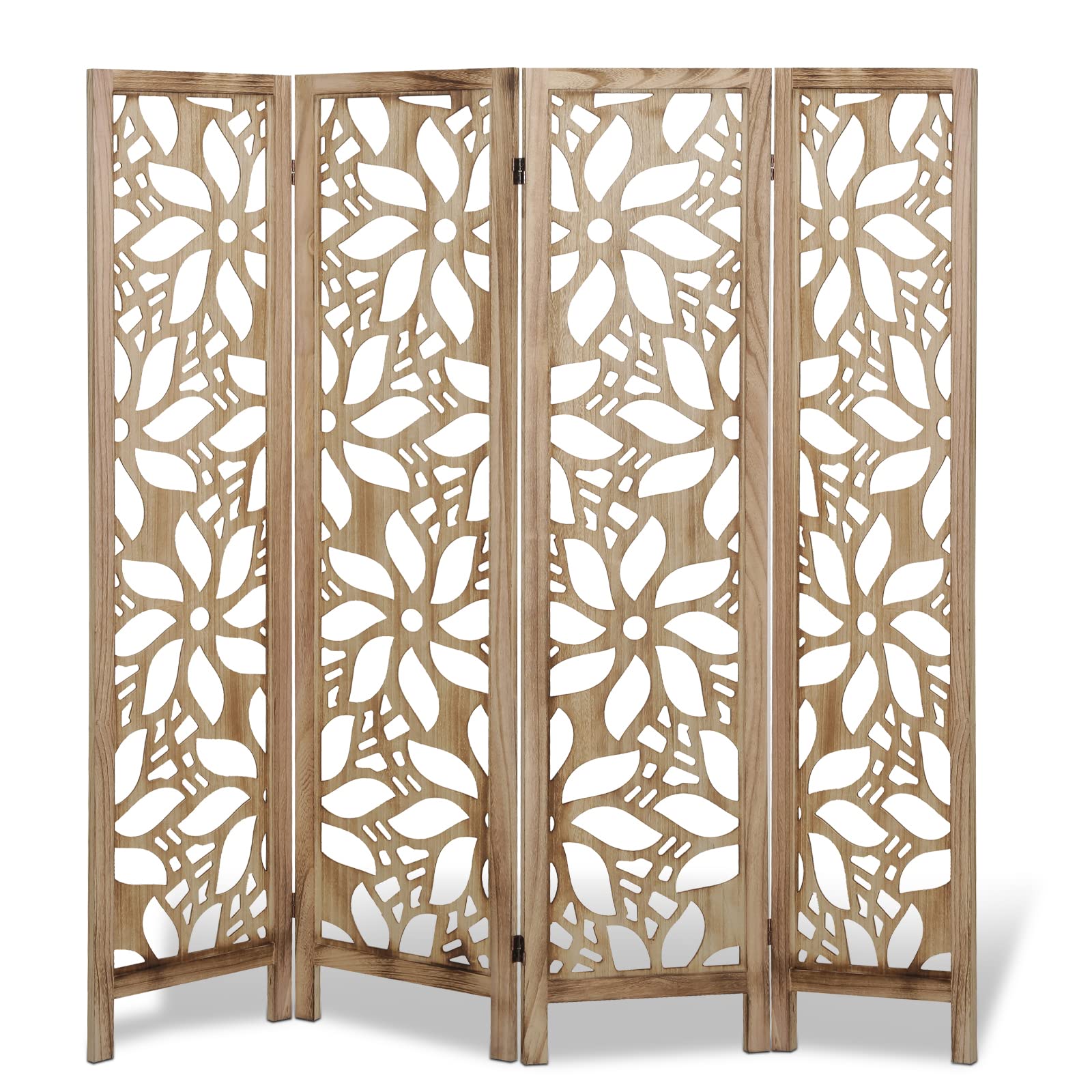 Babion 4 Panel Folding Room Divider - 5.6ft Portable Wooden Partition Screen with Carved Design for Living Room, Bedroom & Office - Brown Modern Decorative Privacy Screen for Home & Workspace
