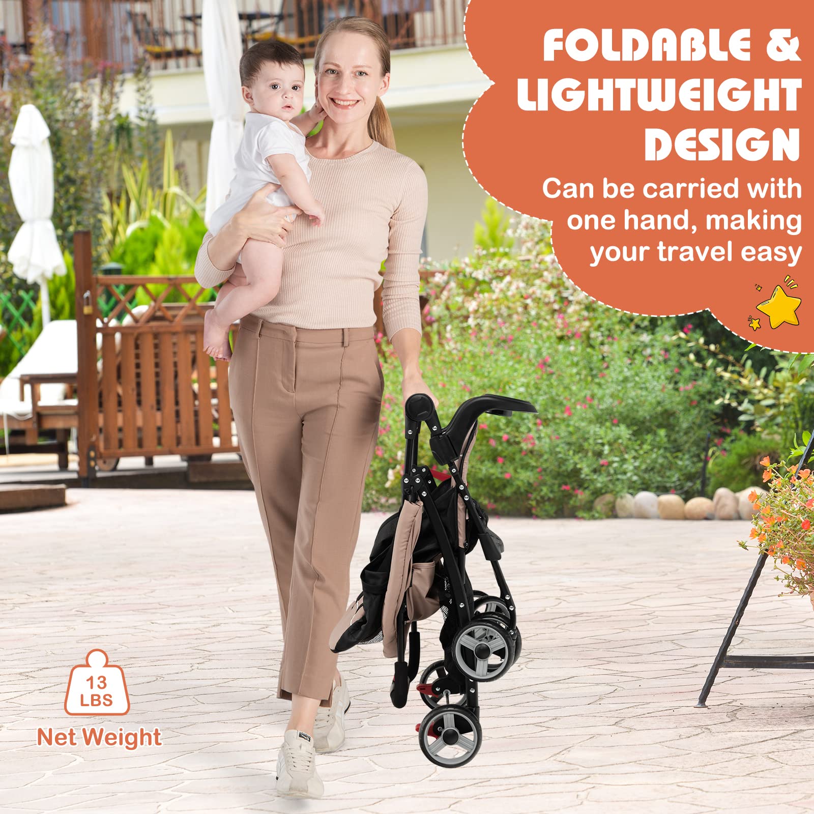 HONEY JOY Lightweight Compact Travel Stroller for Toddlers & Infants - Adjustable Canopy, Reclining Backrest, Storage Basket - Airplane Approved Foldable Umbrella Stroller (Coffee) - Perfect for Air Travel, Shopping, and Daily Walks
