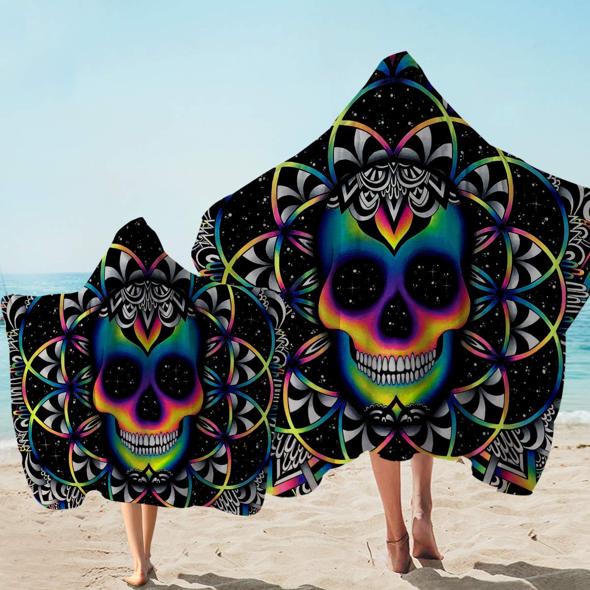 Sleepwish Sugar Skull Hooded Towel - 50 x 60 Inch Soft Bath Towel for Boys, Halloween Horror Decor & Wearable Poncho - Neon Skull Design for Bath, Beach, Pool & Spa Use