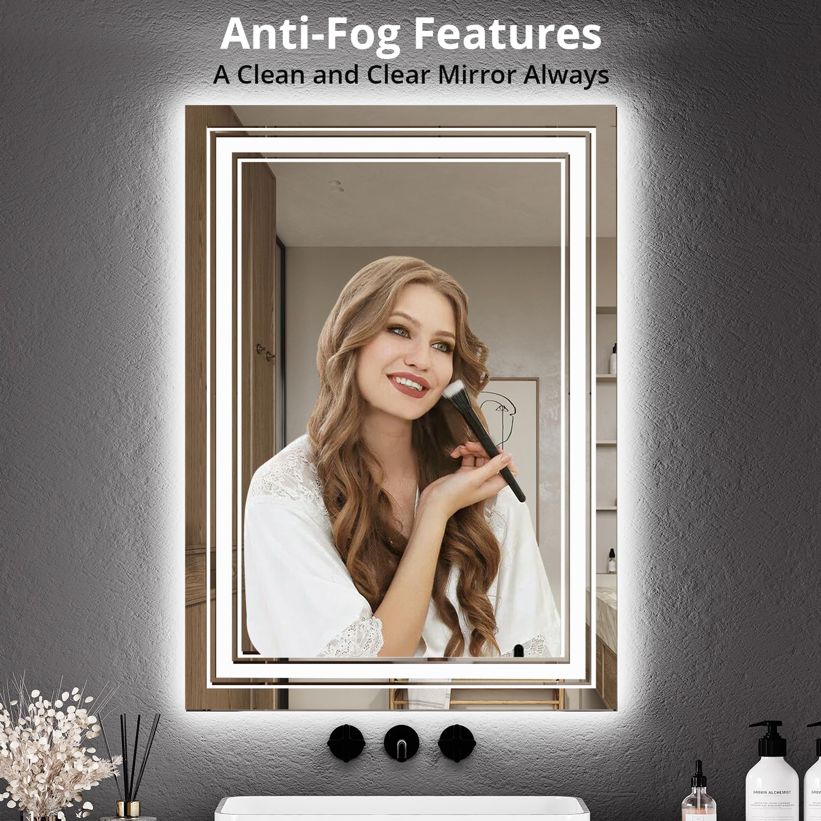 GARVEE 24x32 Inch LED Bathroom Mirror with Anti-Fog, Dimmable Lights, Dual Light Source, Memory Function & Explosion-Proof Design - Wall Mounted Vanity Mirror Perfect for Makeup, Shaving & Modern Bathroom Decor