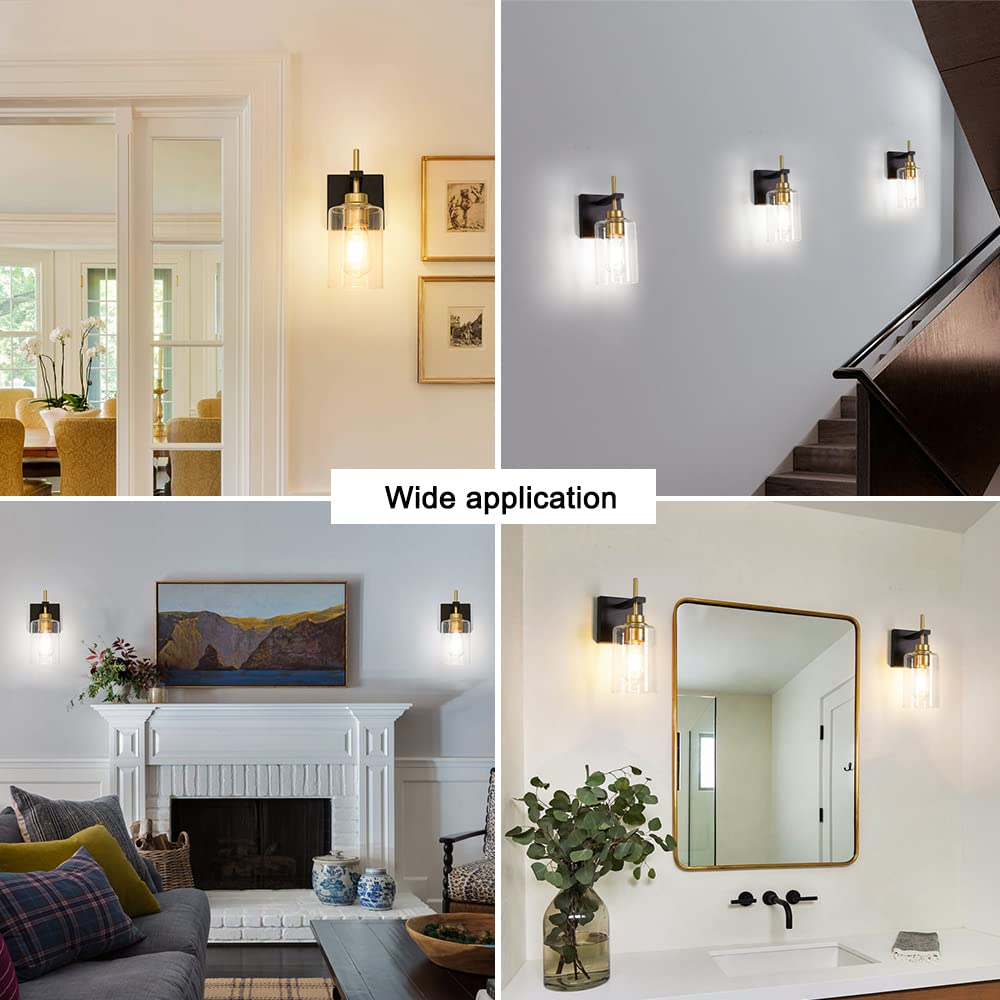 Black Gold Wall Sconces Set of 2 - Modern Glass Bathroom Lighting for Bedroom Living Room