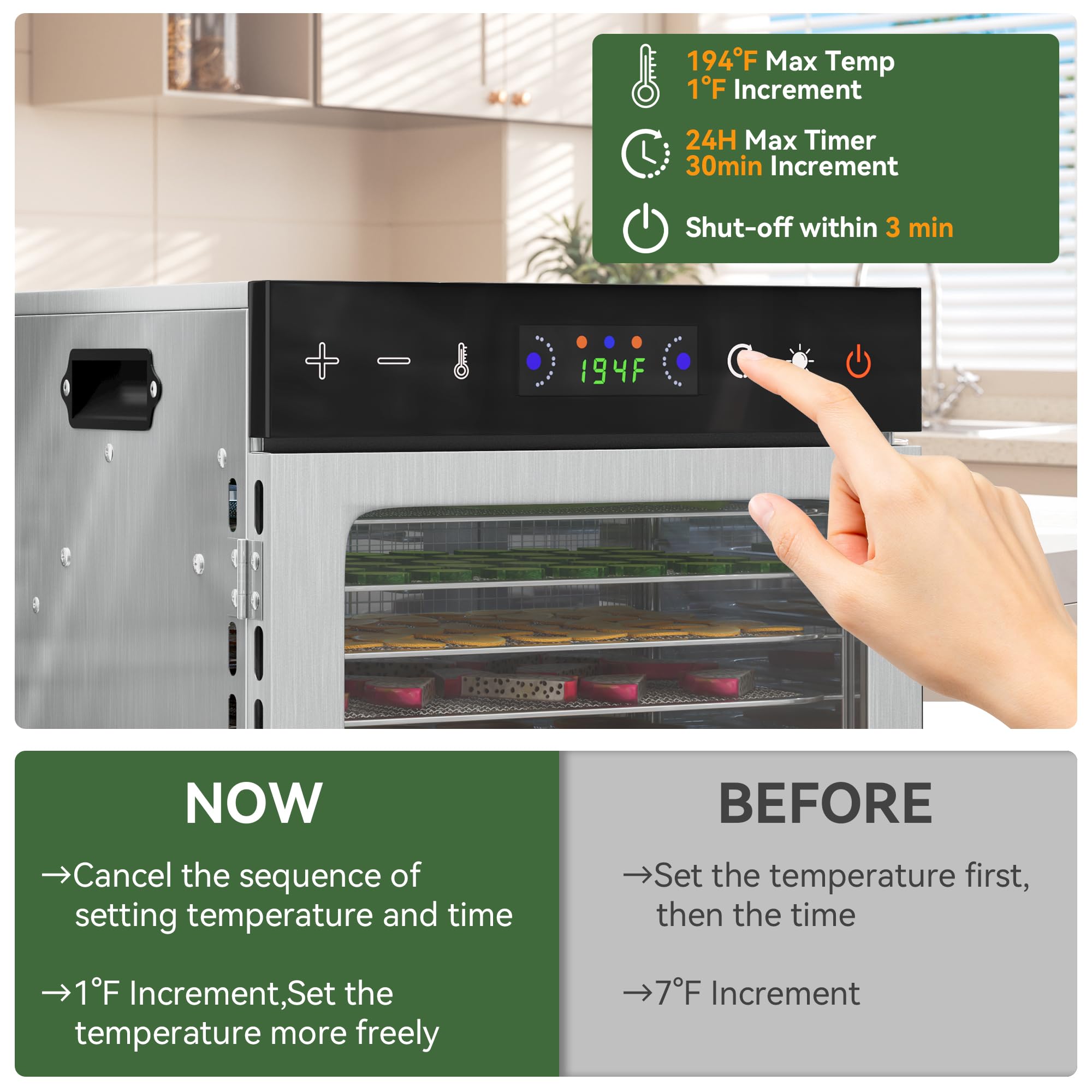 12-Tray Food Dehydrator 600W with Adjustable Temperature (86°F-194°F) & Digital Timer - Quiet Electric Dehydrator for Jerky, Fruits, Vegetables, Herbs, Dog Treats - Perfect for Home Kitchen, Camping, Prepping & Healthy Snacks - Includes Recipe Guide