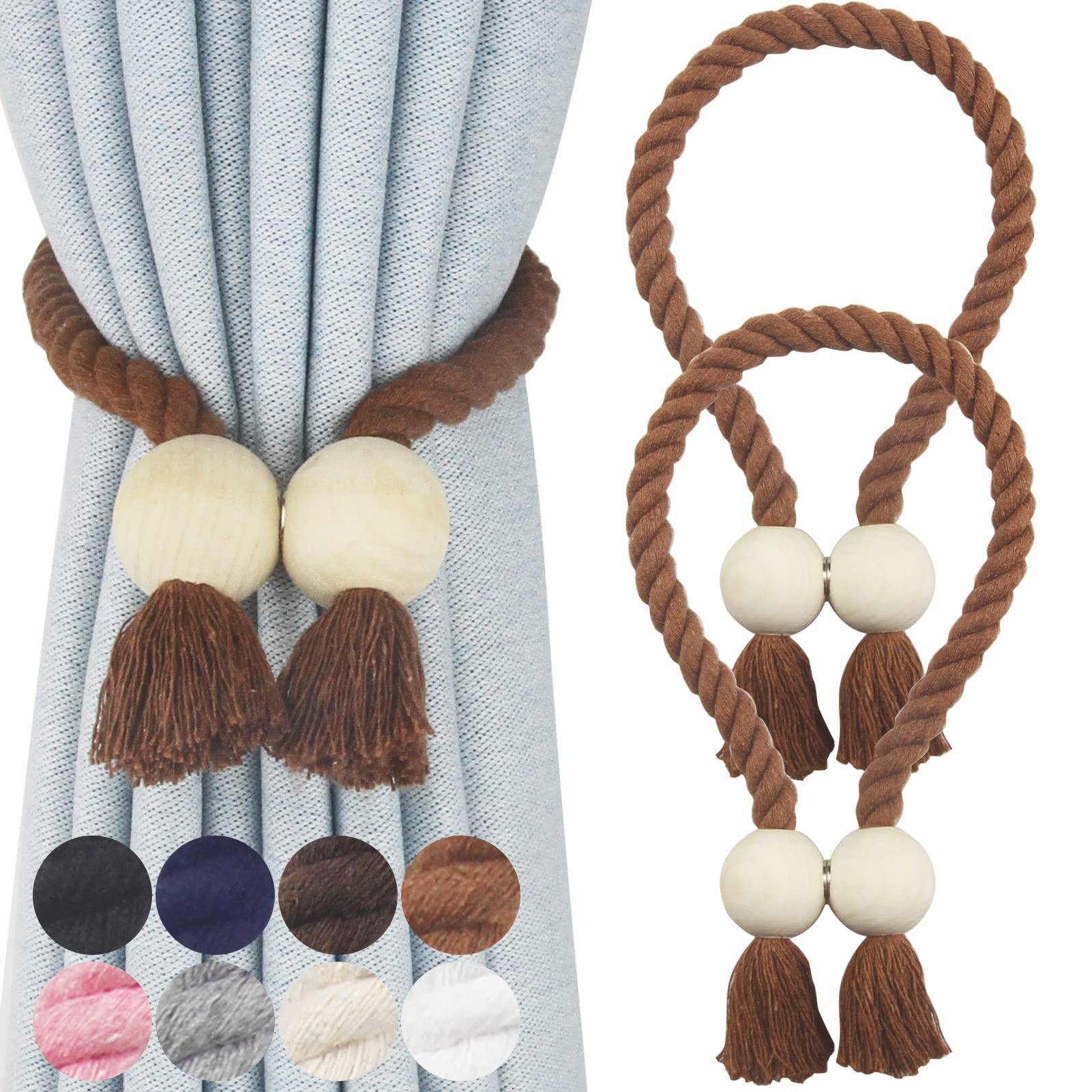 2 Pack Magnetic Curtain Tiebacks - Hand Woven Cotton Decorative Rope Holdbacks for Drapes & Curtains, No Tools Required, Khaki - Perfect for Living Room, Bedroom & Window Decor