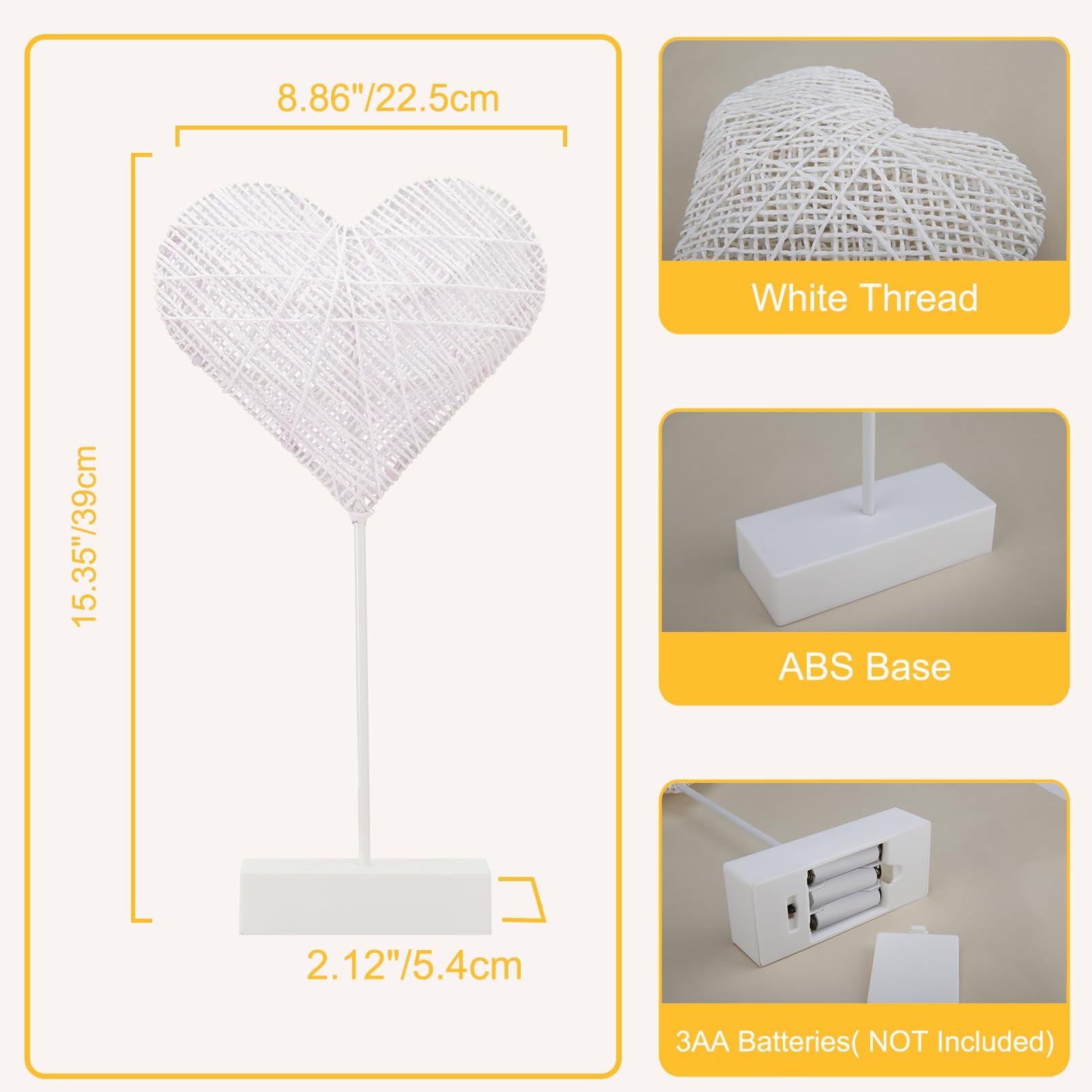 Romantic Heart-Shaped LED Table Lamp - Battery Powered Cotton Thread Night Light for Bedroom, Valentine's Day & Christmas Decor - Perfect for Bedside, Dorm Room, and Cozy Home Ambiance (White)