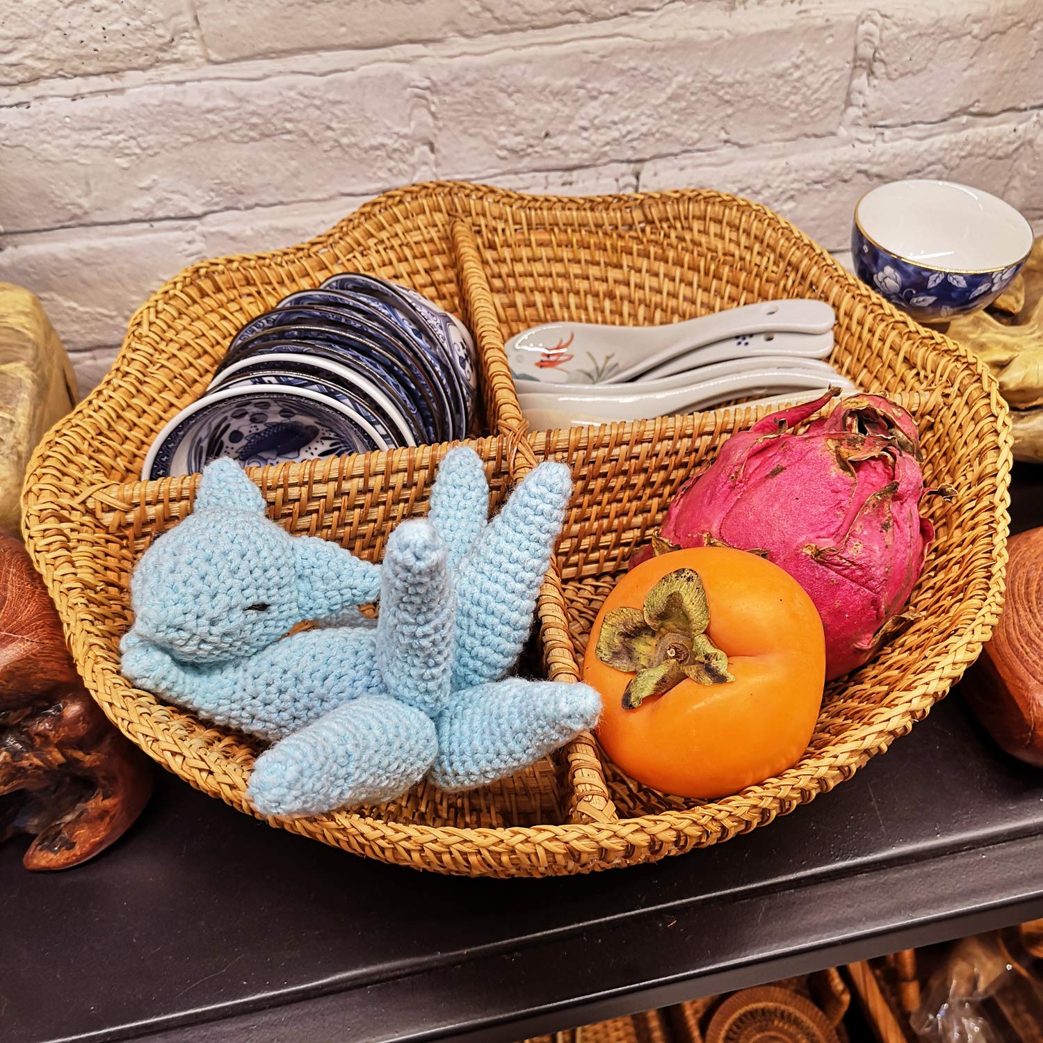 Handwoven 4-Section Round Wicker Serving Basket - Snack, Nut & Candy Organizer | Fruit Tray, Food Plate & Valet Tray for Keys & Wallets | Perfect for Parties, Home Decor & Kitchen Storage