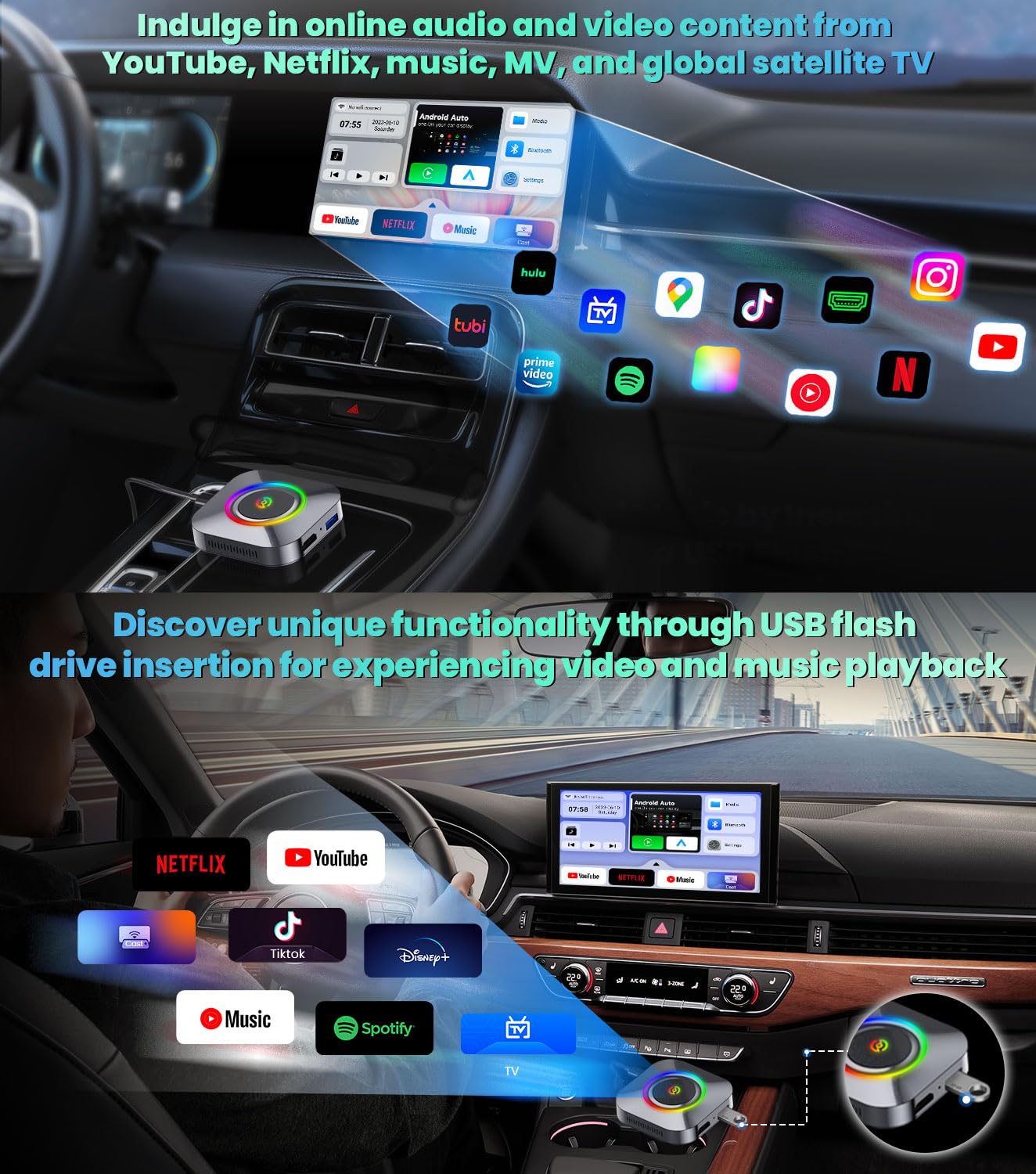 Wireless CarPlay Adapter 2.0 - Apple CarPlay & Android Auto Wireless Streaming Dongle for Factory Wired Cars - Supports Netflix, YouTube, TikTok - Perfect for Road Trips, Commuting & In-Car Entertainment