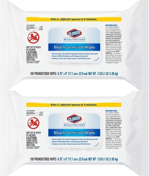 Clorox Healthcare Bleach Germicidal Disinfecting Wipes - 100 Count Soft Pack (2-Pack) | Kills 99.9% Germs | Hospital-Grade Cleaning for Home, Office & Healthcare Facilities