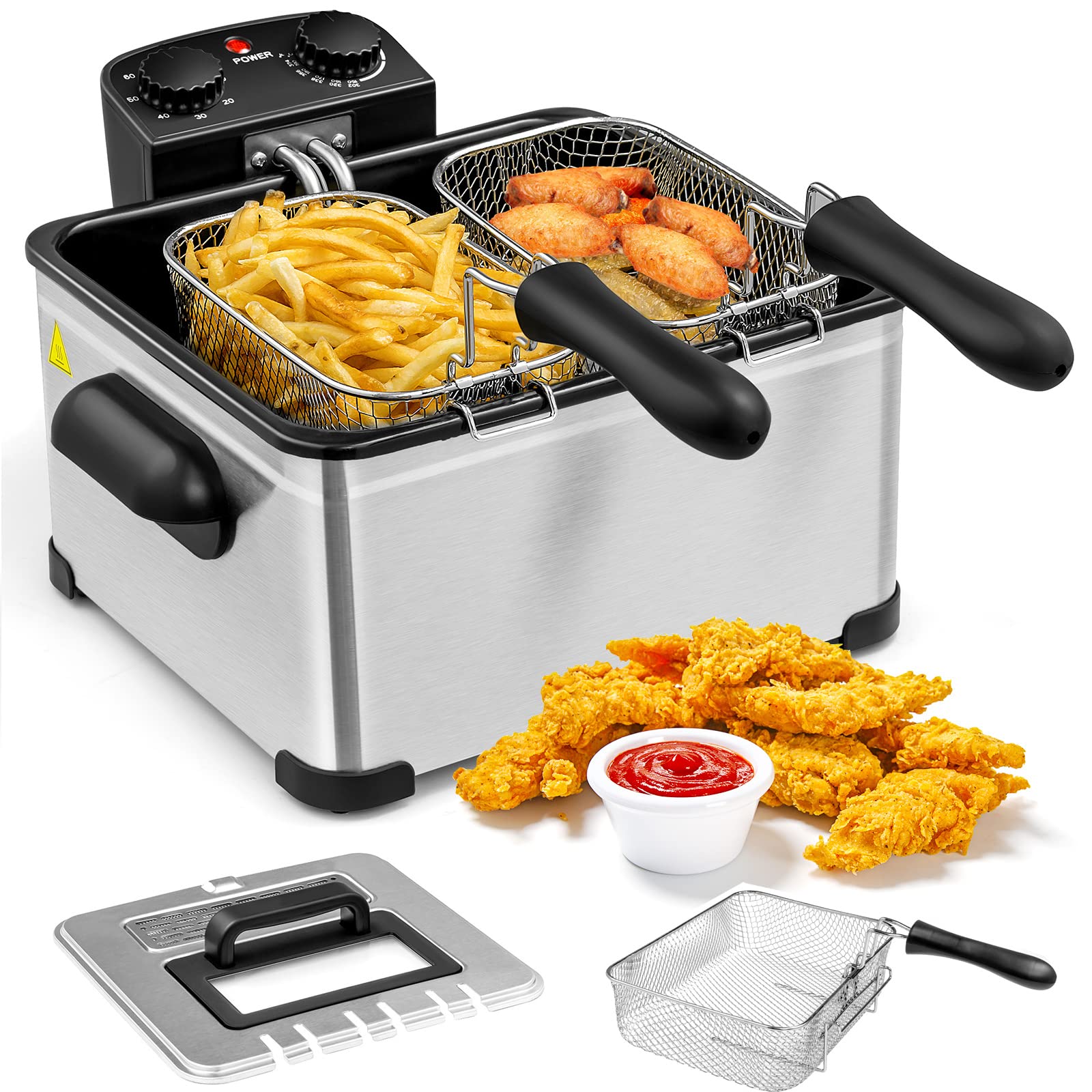 Giantex 1700W Commercial Electric Deep Fryer with 3 Baskets - 5.3QT/21-Cup Capacity, Large Oil Container, View Window Lid, Adjustable Temp & Timer - Perfect for Home Kitchen, Restaurant & Party Cooking