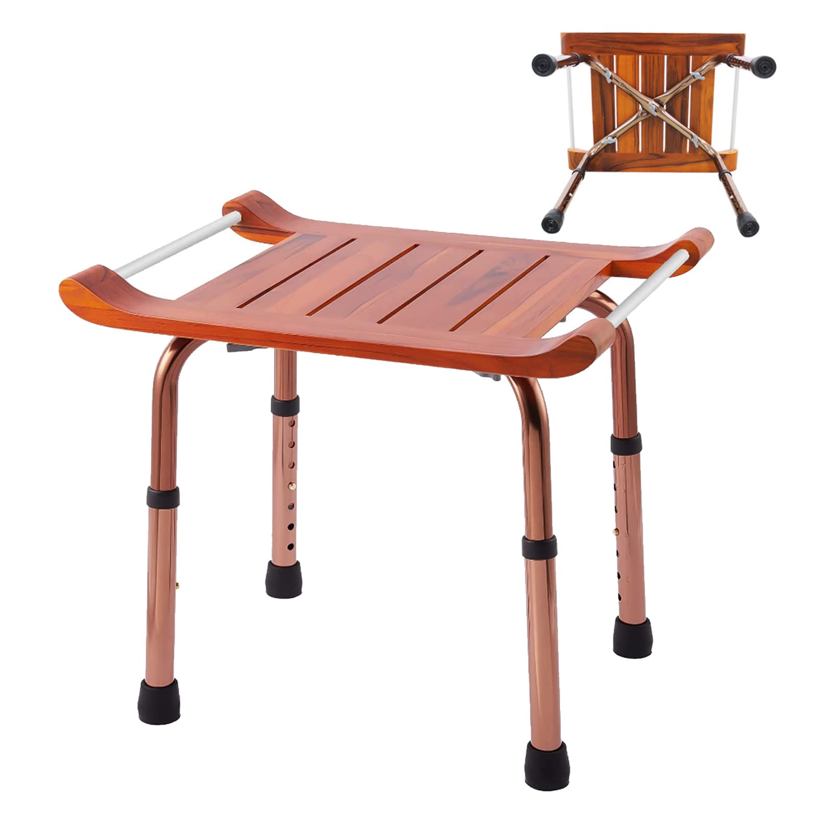 Premium Bamboo Shower Bench with Handles - Adjustable Height (38.5-53.5cm) & Non-Slip Feet - Supports 300lbs - Ideal for Seniors, Spa & Bathroom Safety - Portable Shower Stool for Elderly & Disabled Use at Home, Hospital or Travel