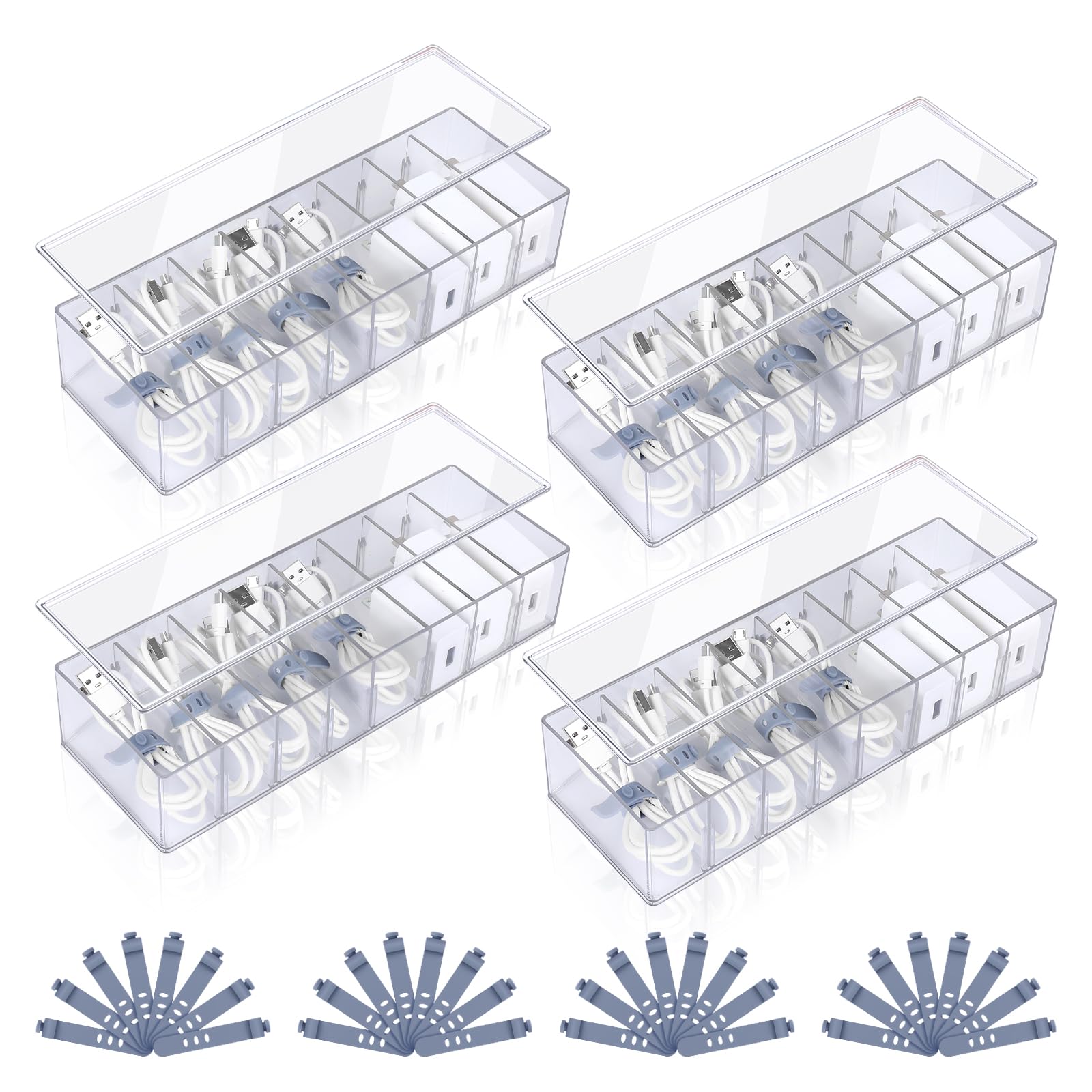 4-Piece Clear Plastic Cord Organizer Box with Lid & 32 Cable Ties - 8 Removable Dividers for Home Office Desk - Perfect for Charger, USB Cable, Headphone & Electronics Storage - Ideal for Workspace, Travel & Cable Management