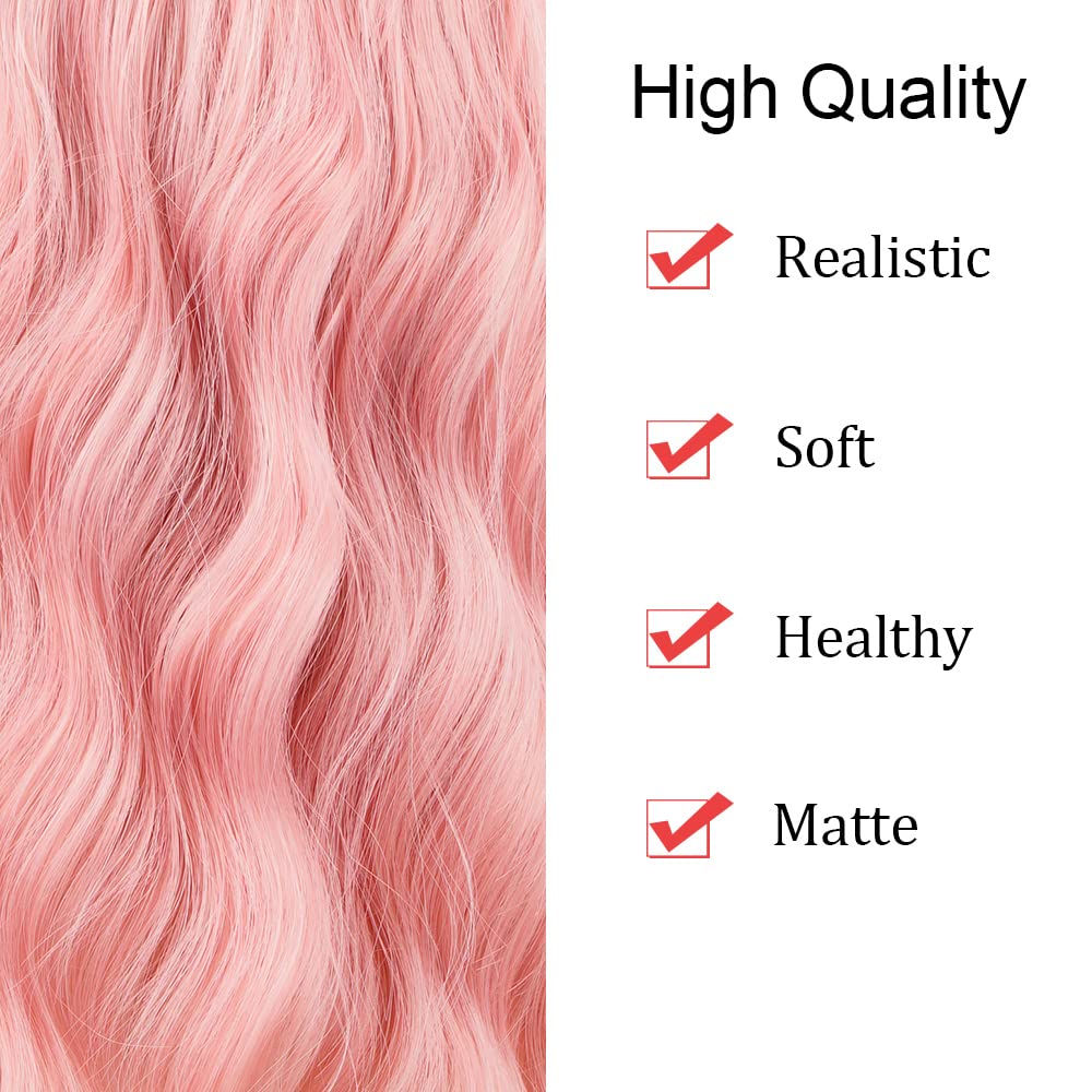 Pink Wavy Real Human Hair Wig with Bangs - Short Bob Heat Resistant Tangle-Free Synthetic Wig for Women & Girls | Perfect for Cosplay, Daily Wear, Halloween & Costume Parties