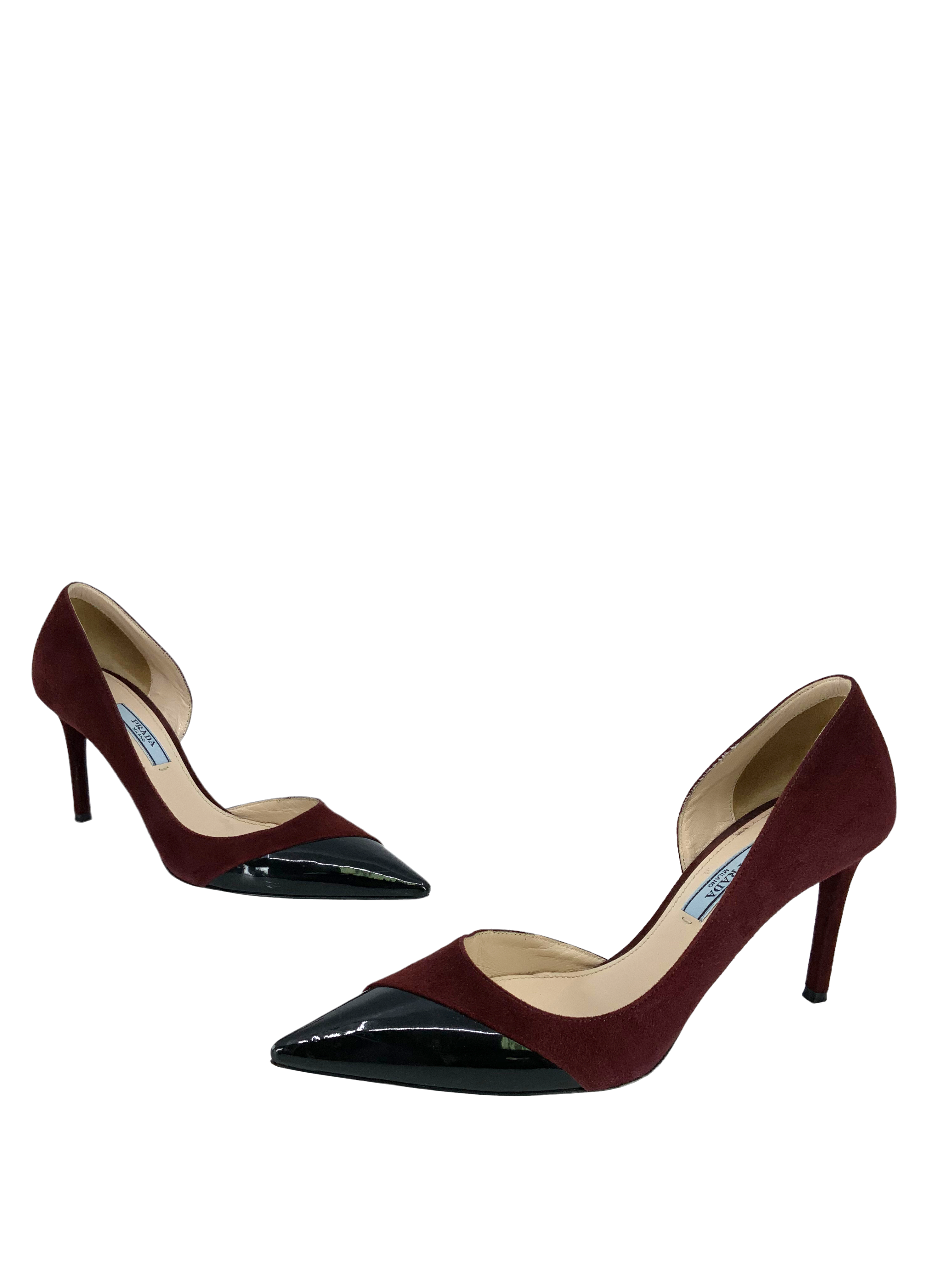 Prada Suede and Patent Leather Half d'Orsay Pumps Women's Size 6.5 - Elegant Heels for Office, Party & Special Occasions