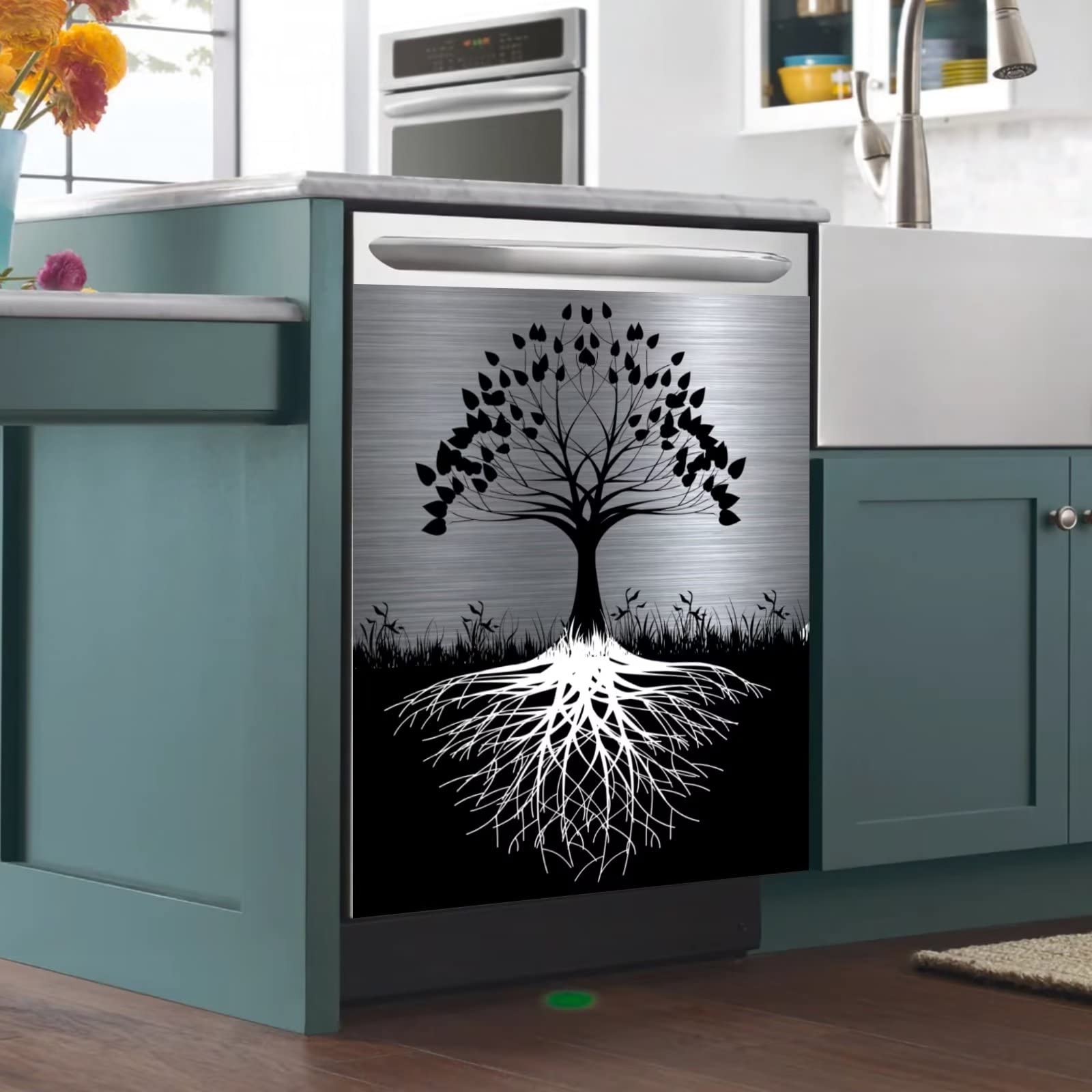 Tree of Life Dishwasher Cover Magnet Decor - 23x26 Inch Large Polishing Metal Dishwasher Front Panel - Black Kitchen Appliance Decal - Silver Magnetic Sticker for Refrigerator & Dishwasher - Perfect for Modern Kitchen Decor & Home Improvement
