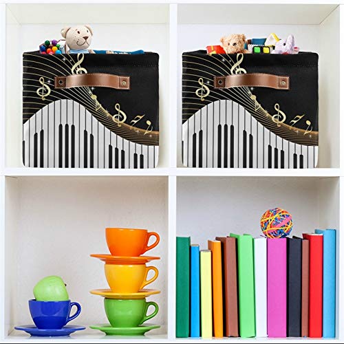 SEULIFE Foldable Storage Basket with Piano Keys Design - Large Collapsible Organizer Bin for Toys, Bathroom, Nursery & Closet - Gold Music Notes Pattern with Handles - Perfect for Home Organization & Kids Room Storage (1 Pack)
