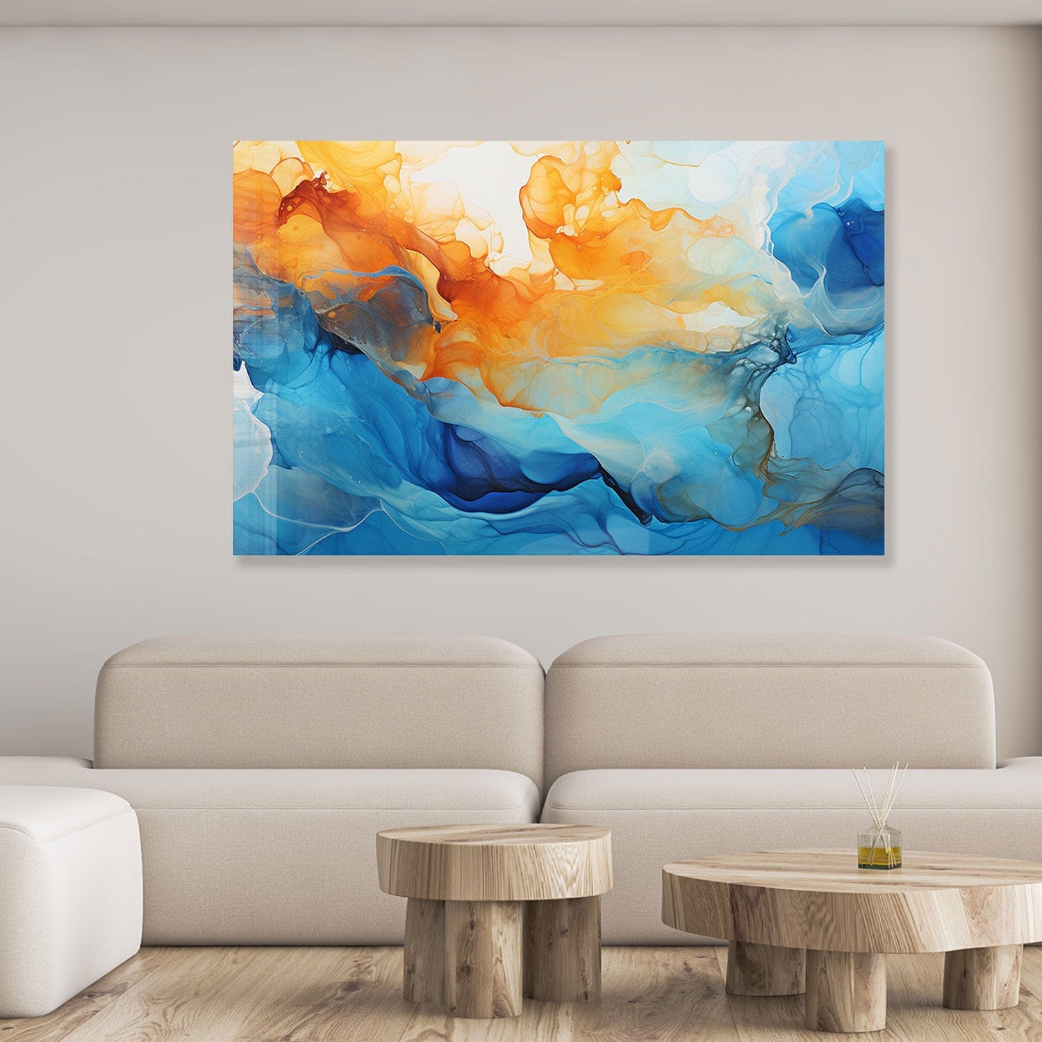 Orange & Blue Abstract Tempered Glass Wall Art - Modern Home Decor for Living Room, Bedroom & Office