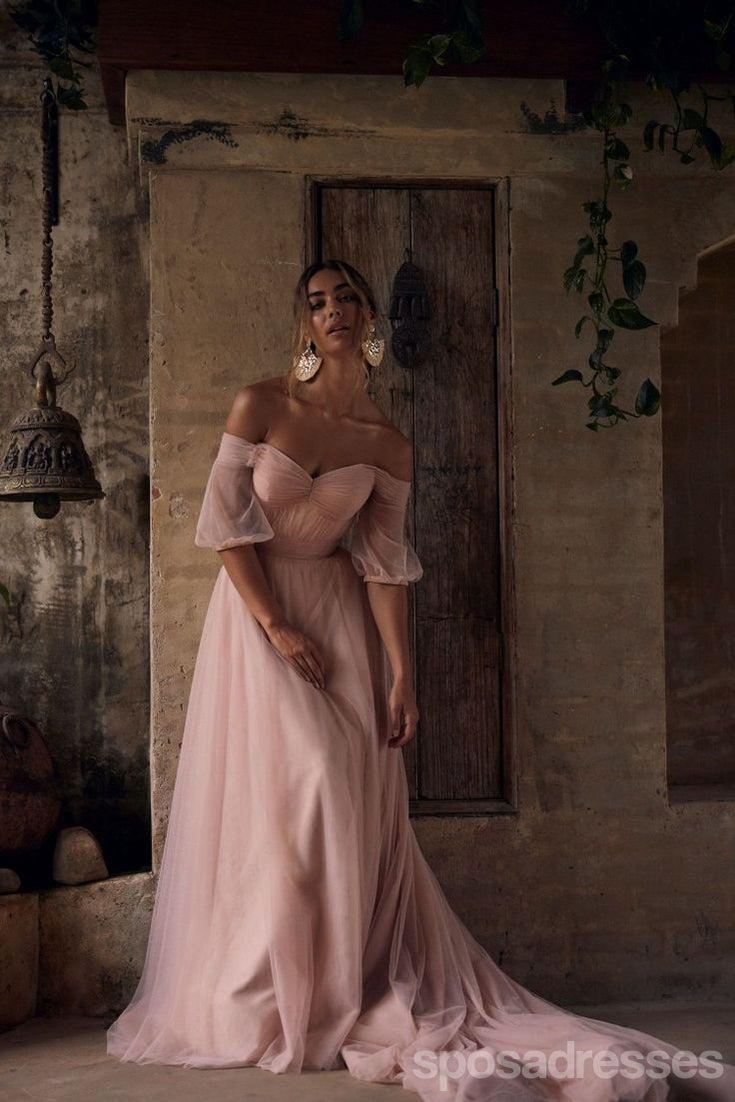 Elegant Pink A-Line Short Sleeve Off-Shoulder Maxi Prom Dress for Women - Perfect for Formal Events, Evening Parties & Special Occasions