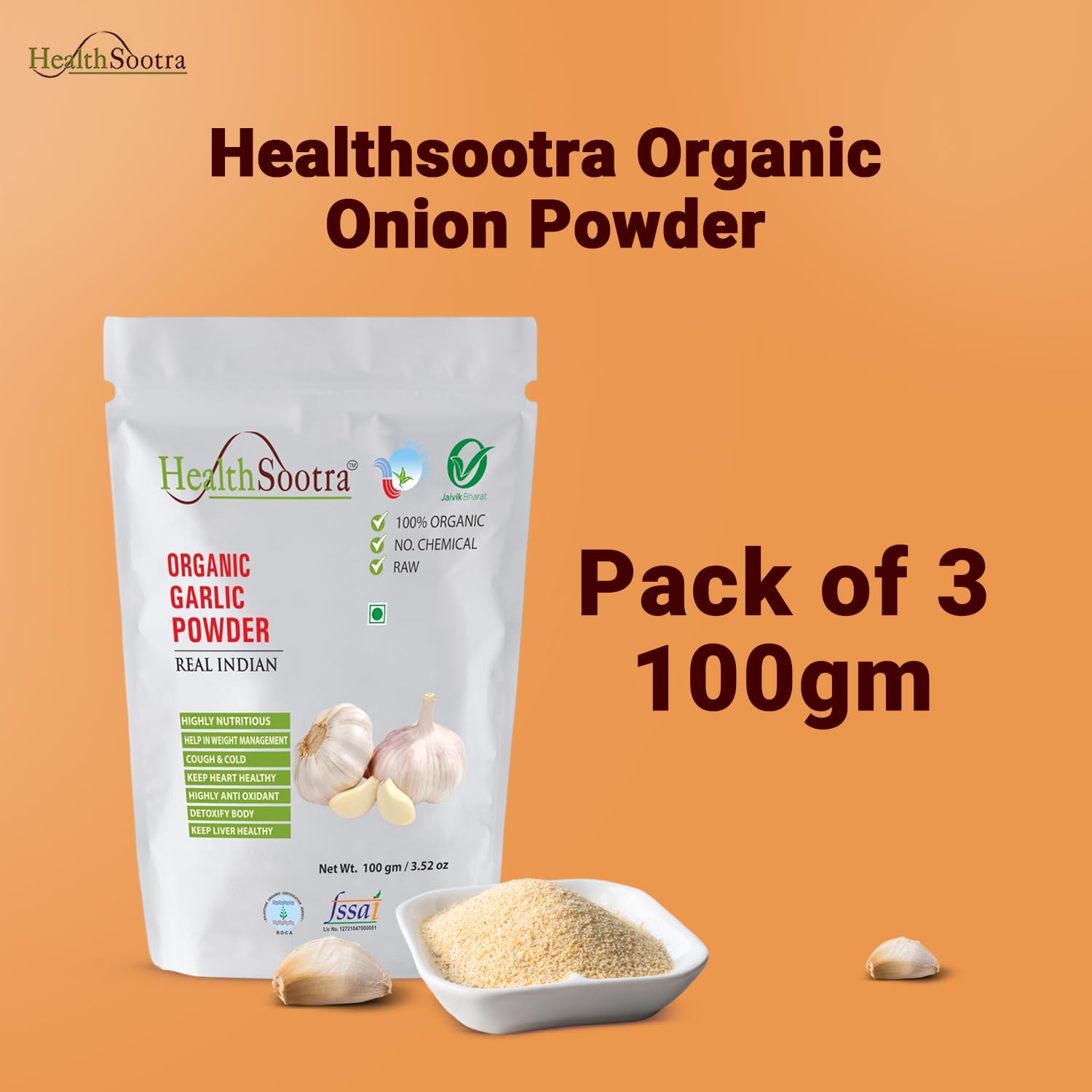 Organic Garlic Powder (300g) - 3 Pack of 100g Each | Additive-Free, Pure & Aromatic Natural Spice for Cooking, Baking & Seasoning | Rich in Nutrients, Instant Garlic Flavor | Perfect for Soups, Pasta, Pizza & Homemade Recipes