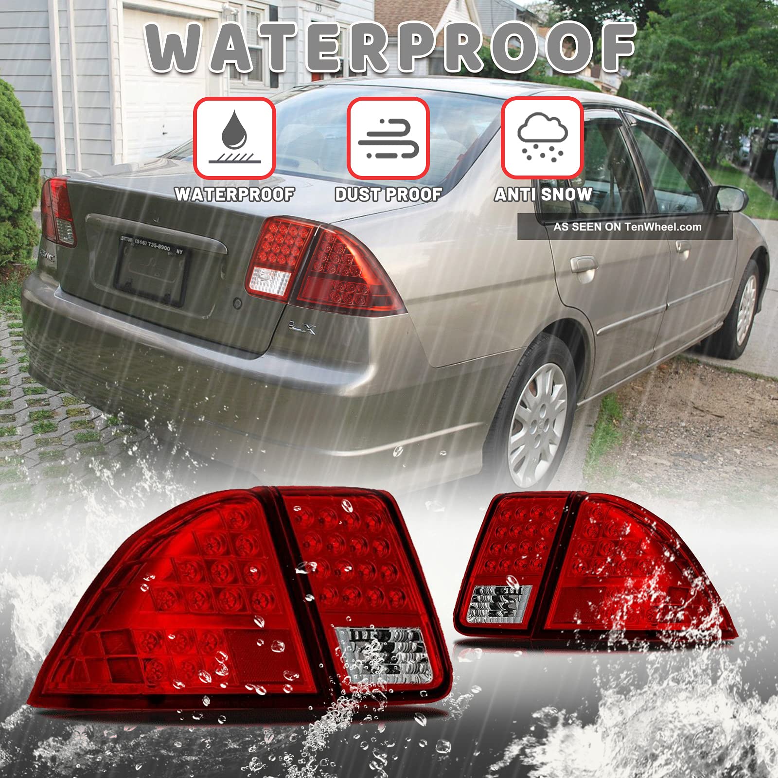 AUTOWIKI LED Tail Lights for 2001-2005 Honda Civic 4-Door Sedan - Red Rear Lamp Assembly (1 Pair) - Perfect for Night Driving & Car Upgrades