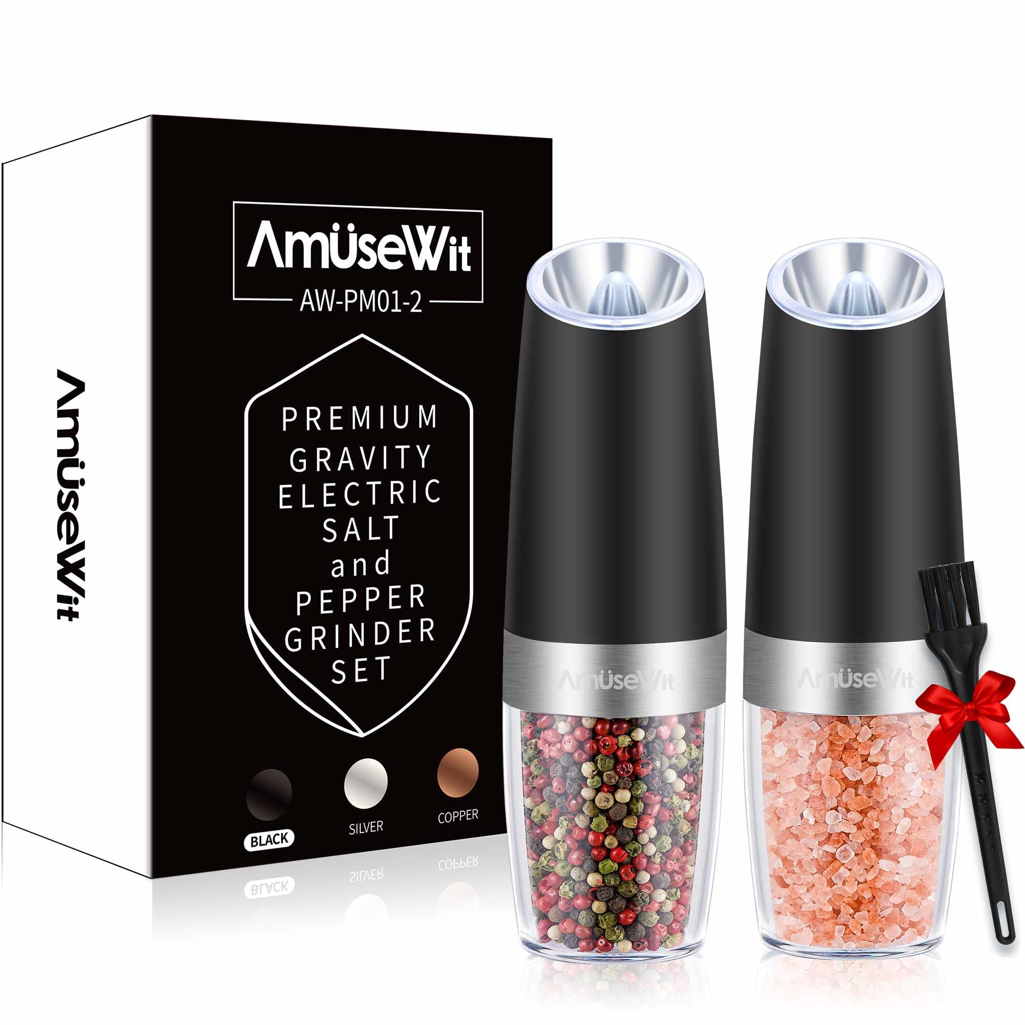AmuseWit 2-Pack Electric Gravity Salt and Pepper Grinder Set - Battery Operated, Adjustable Coarseness, One-Hand Operation with LED Light (Black) - Perfect for Kitchen, Dining Table, Camping & Gifts