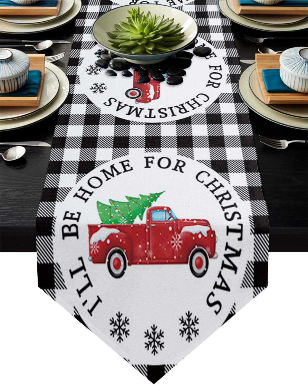 Buffalo Check Plaid Table Runner 18x72 Inch - Red Truck & Christmas Tree Design for Holiday Dining Decor, Kitchen Table Cover, Dinner Parties & Seasonal Events - White & Black Christmas Tablecloth