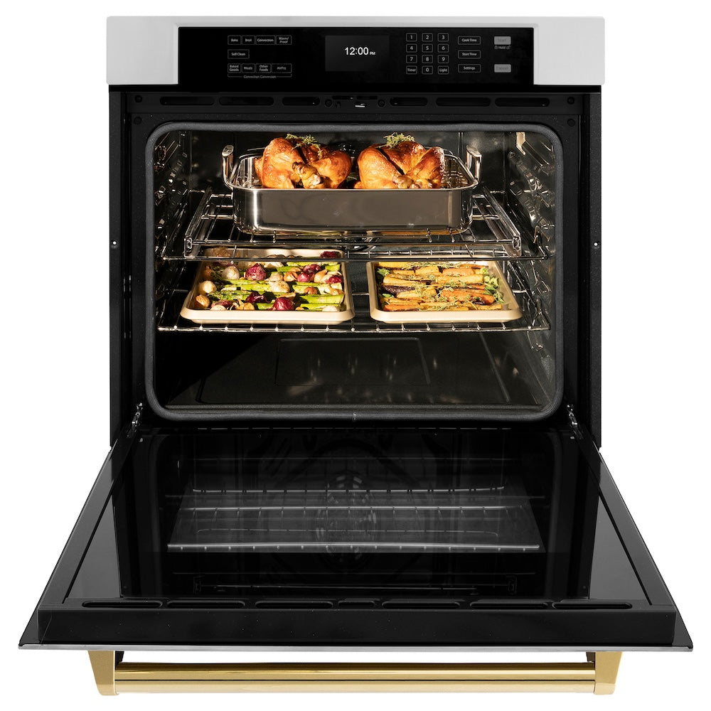 ZLINE Autograph Edition 30 Inch Professional True Convection Single Wall Oven with Air Fry & Self Clean - Stainless Steel with Polished Gold Handle (WASZ 30 G) | Perfect for Home Chefs & Modern Kitchens | Baking, Roasting & Air Frying