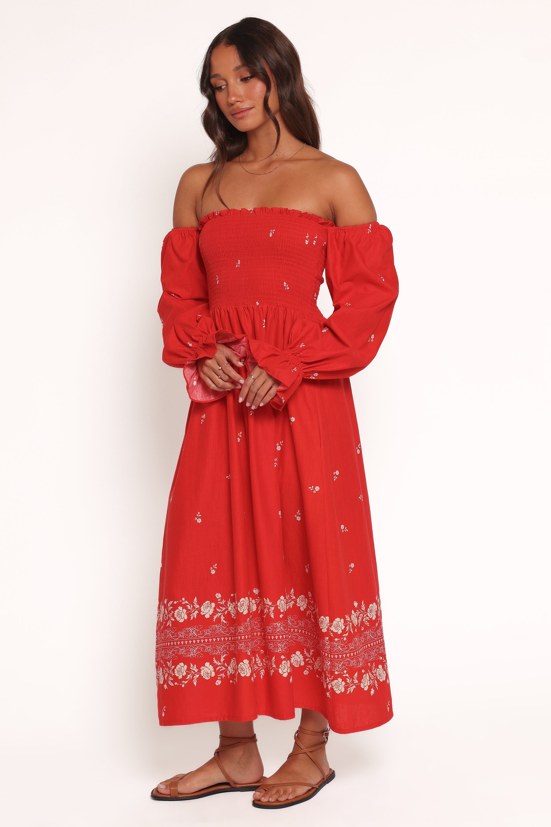 Stylish Domenica Shirred Long Sleeve Midi Dress with Red Floral Bandana Print - Perfect for Casual Outings, Date Nights & Spring Fashion