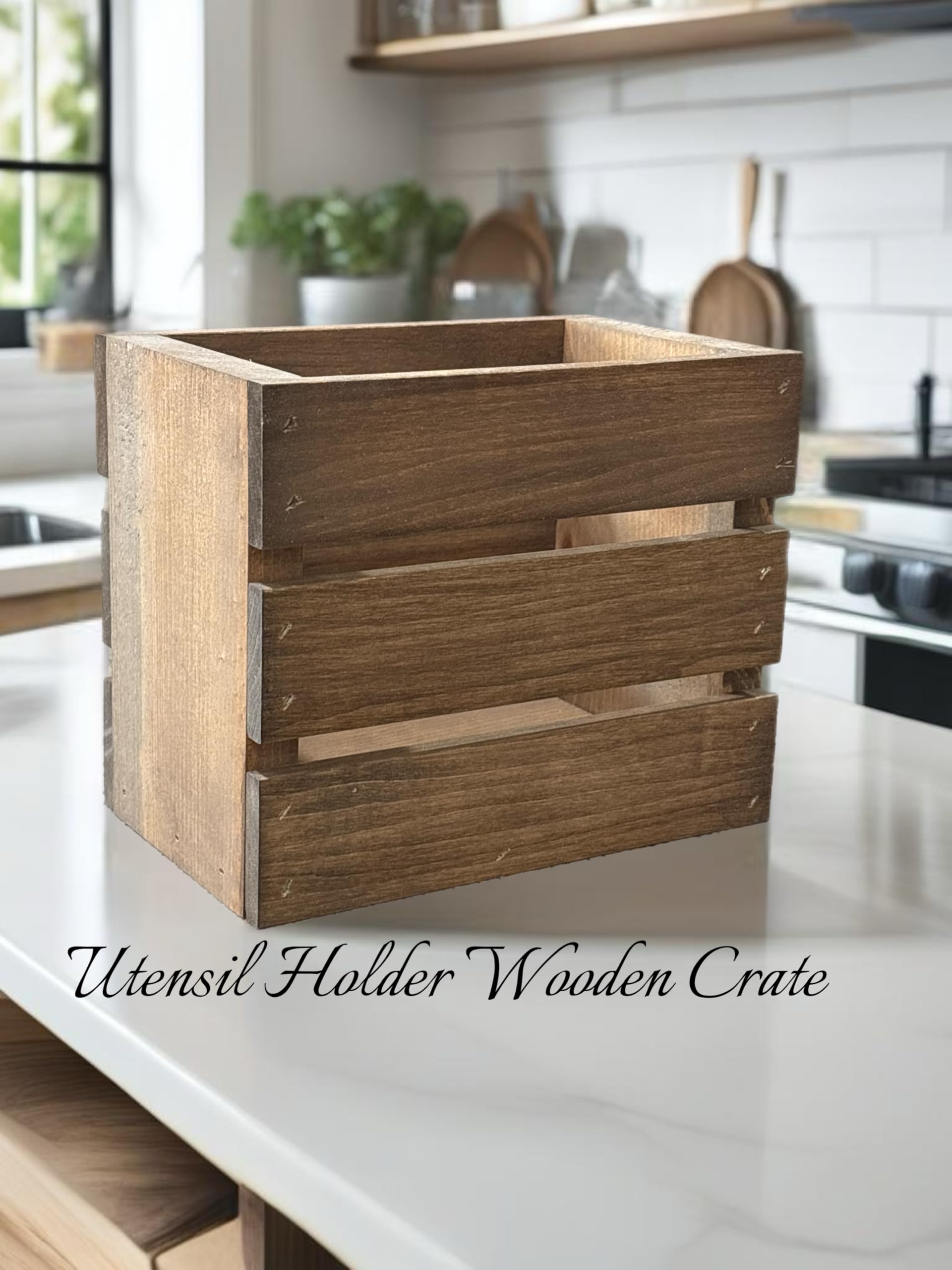 Darla'Studio 66 Wooden Crate Utensil Holder - Rustic Kitchen Organizer for Spoons, Forks & Cooking Tools - Perfect for Farmhouse, Country Style Kitchens & Dining Room Decor