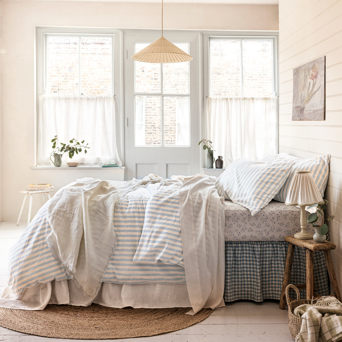 Coastal Blue Pembroke Stripe 100% Linen Duvet Cover Set - Breathable & Soft Bedding for Summer & All Seasons - Perfect for Coastal, Farmhouse & Modern Bedroom Decor