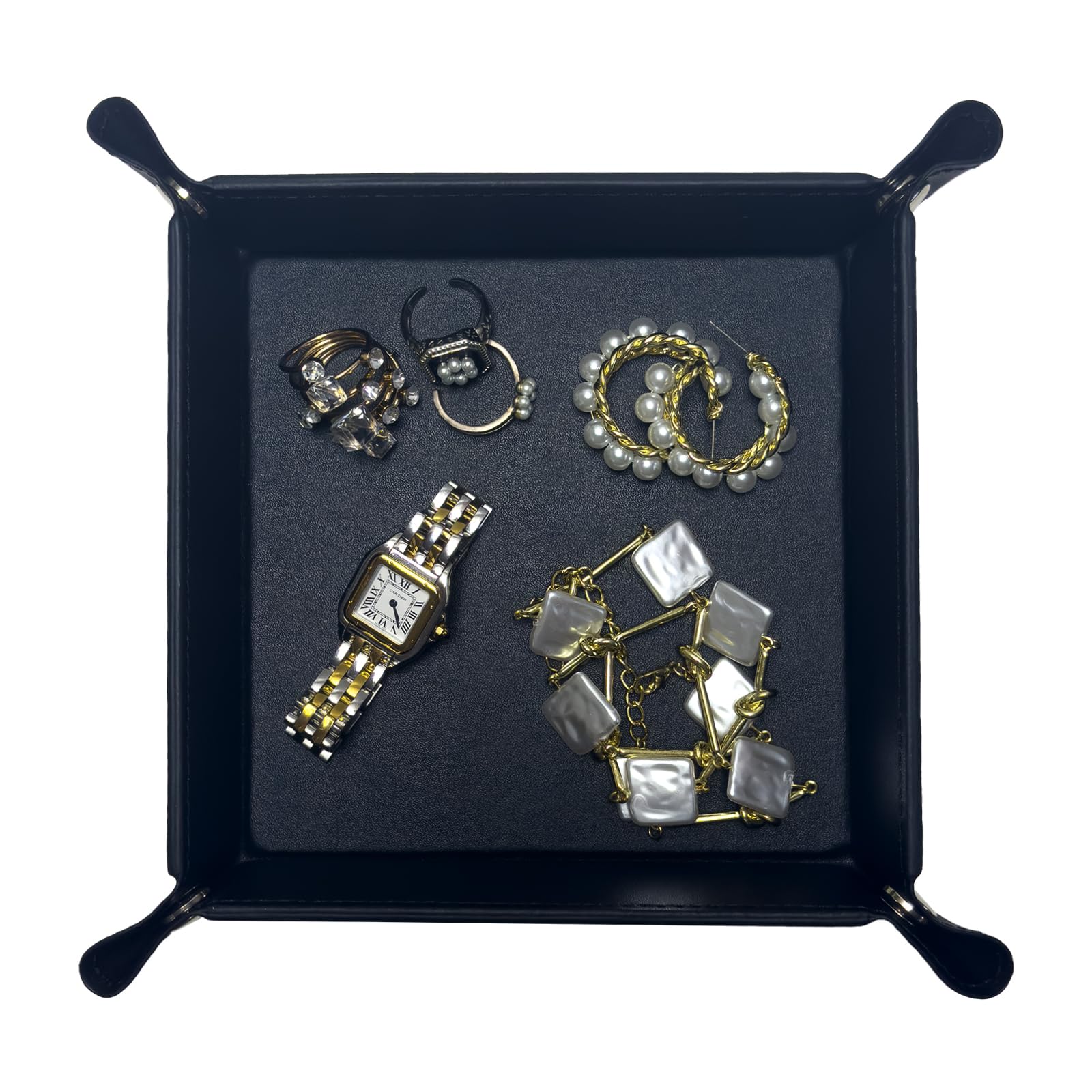 UnionBasic Small Valet Tray - Jewelry Organizer for Rings, Watches & Earrings - Entryway Catchall for Keys, Coins & Change - Nightstand Bedside Tray - Electronic Gadgets Holder - Black - Perfect for Home, Office & Travel Organization