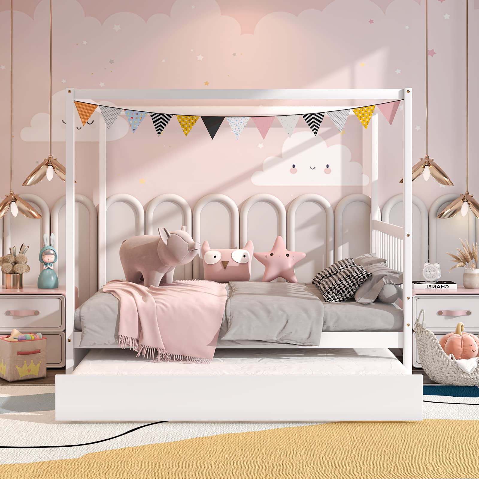 Giantex Full Size Canopy Bed with Trundle - Solid Wood Platform Bed Frame with Headboard for Kids, No Box Spring Needed - Perfect for Boys & Girls Bedrooms, Sleepovers and Space Saving (White)