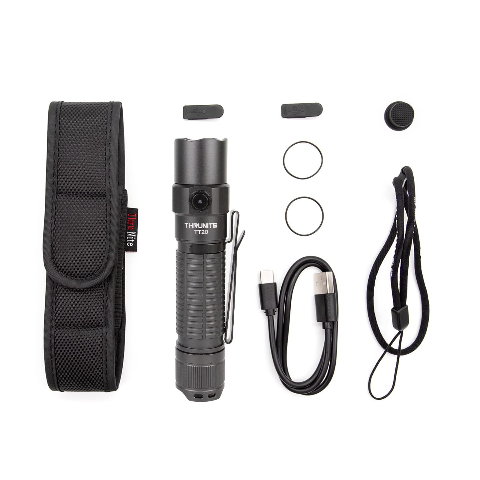 ThruNite TT20 LED Flashlight - 2526 Lumens High Output, USB-C Rechargeable, Momentary Tail Switch, 258m Beam Distance - Perfect for Camping, Hiking & Emergency Use (Grey CW)