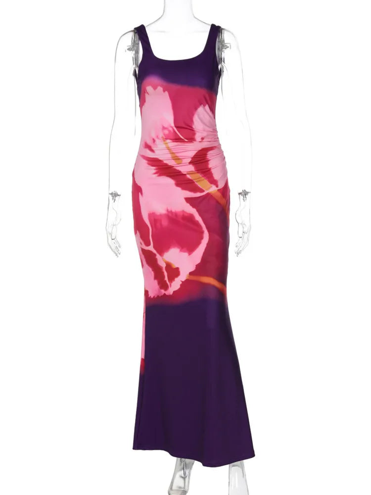 Sexy Backless Maxi Dress for Women - Elegant Square Neck Sleeveless Bodycon Ruched Long Gown | Perfect for Evening Parties, Date Nights & Special Occasions