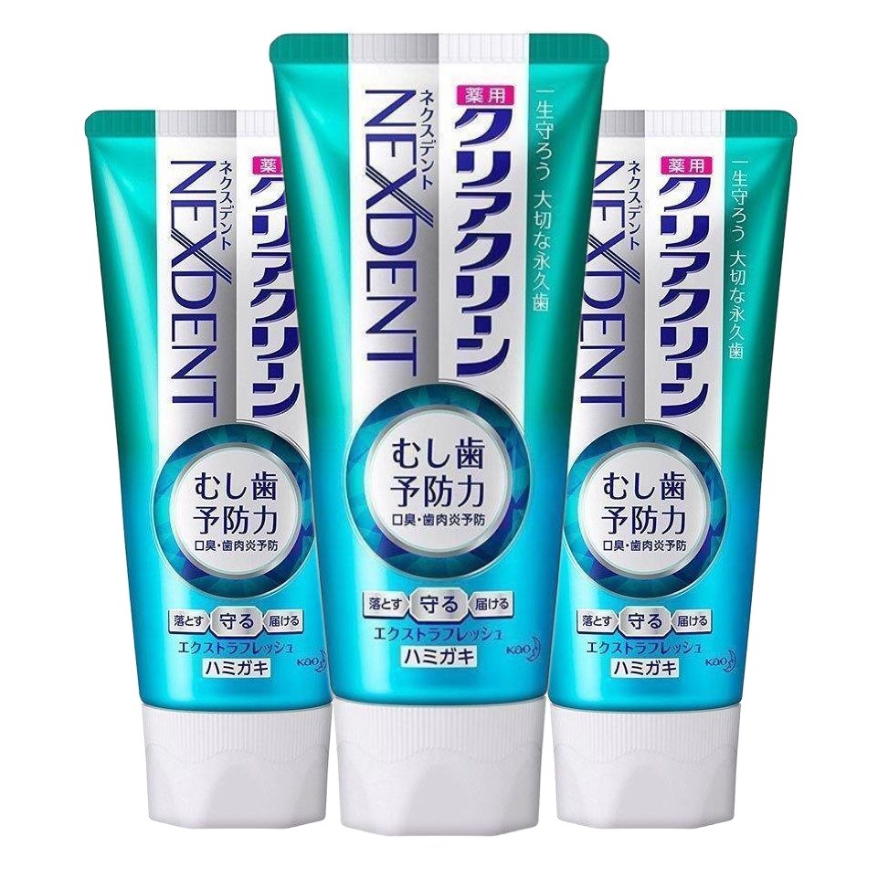 Kao Clear Clean Nexdent Toothpaste Extra Fresh 120g x 3 Tubes - Whitening & Breath Freshening for Daily Oral Care - Perfect for Home, Travel & Office Use