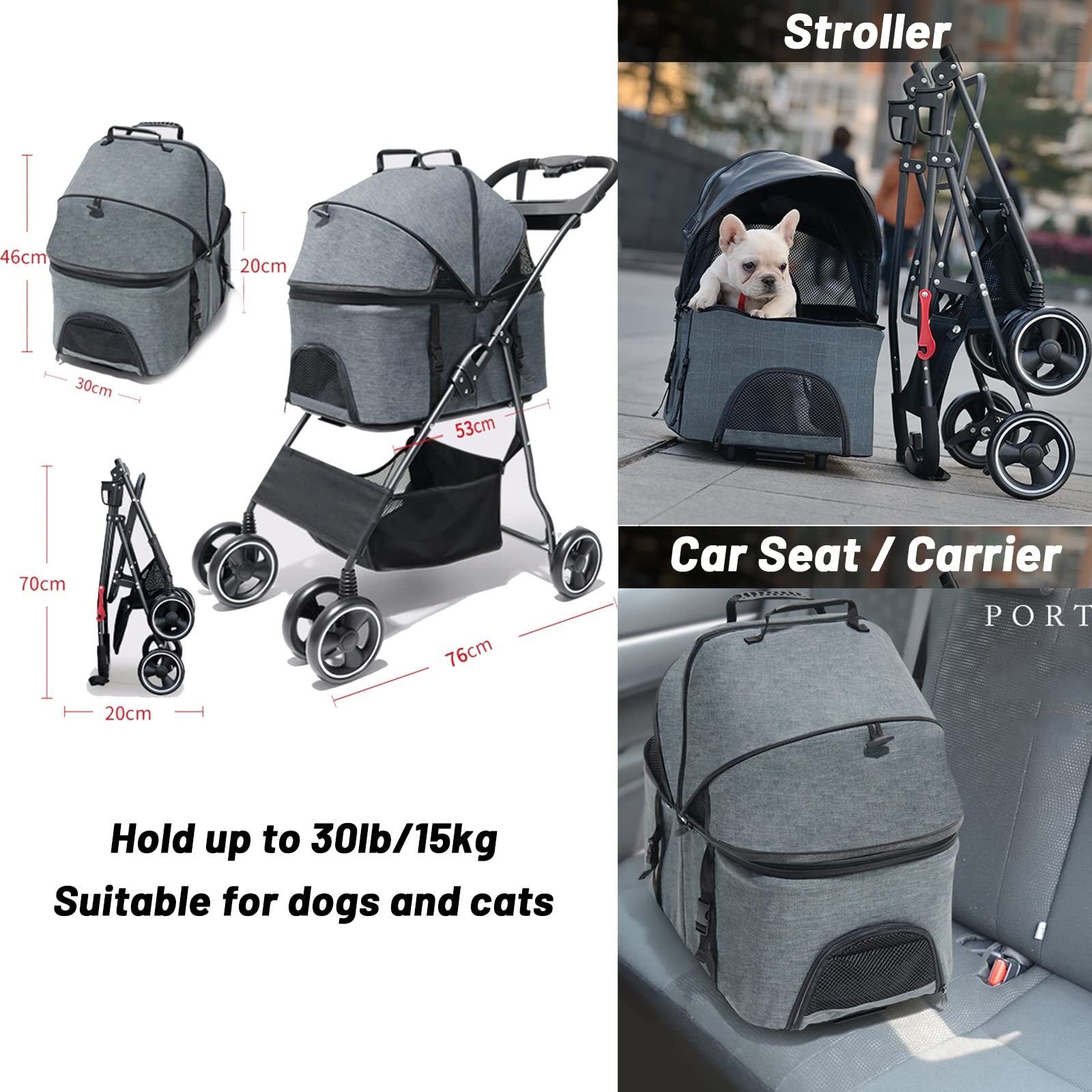 3-in-1 Foldable Dog Stroller for Small & Medium Dogs & Cats - Detachable Travel Carrier with 4 Wheels, Storage Basket & Mesh Windows - Perfect for Outdoor Walks, Vet Visits & Travel Adventures