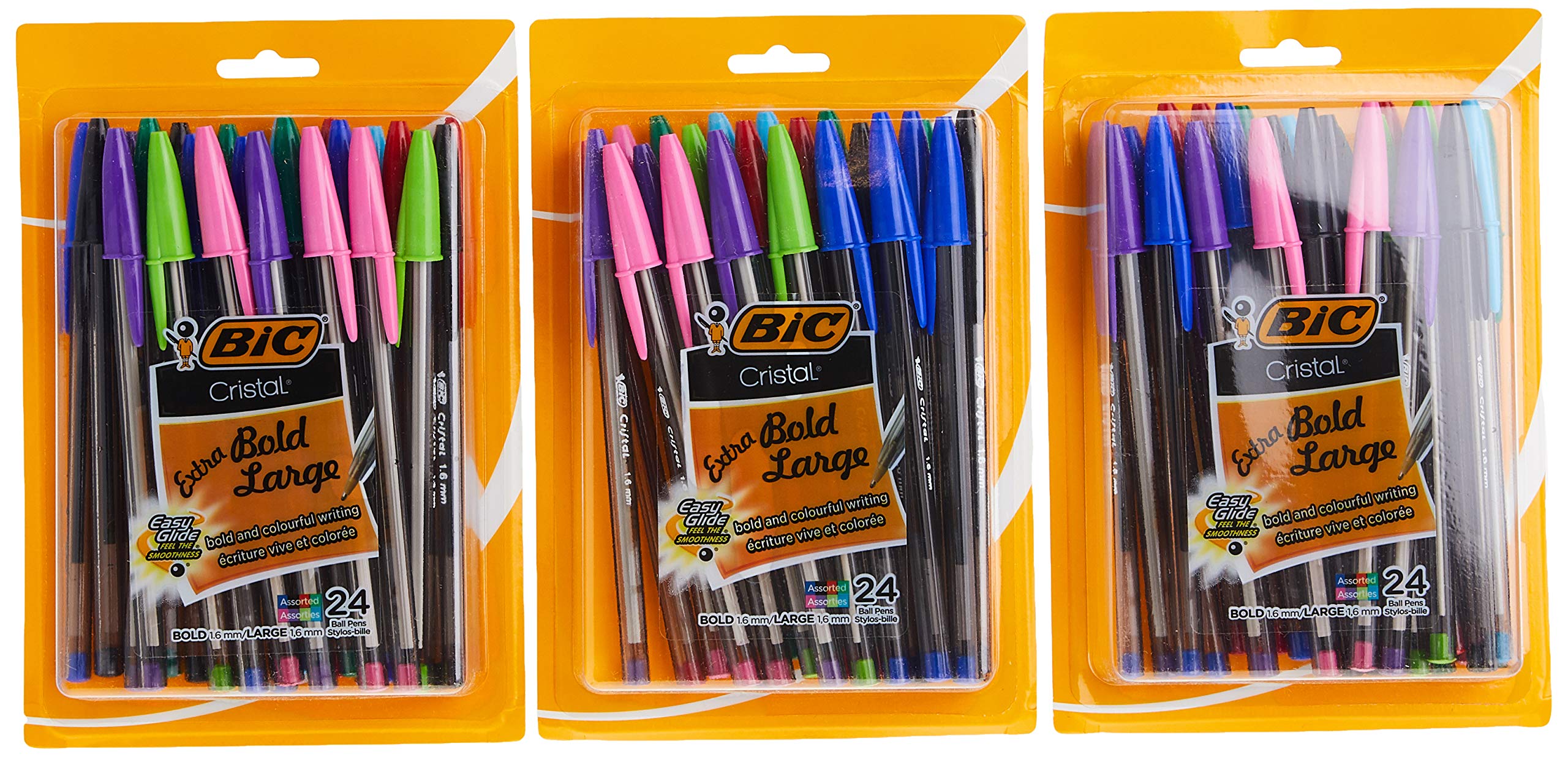 BIC Cristal Bold Ballpoint Pens - 3 Pack (24 Count) - 1.6mm Medium Point - Assorted Ink Colors - Bulk Office & School Supplies for Writing, Note Taking & Everyday Use